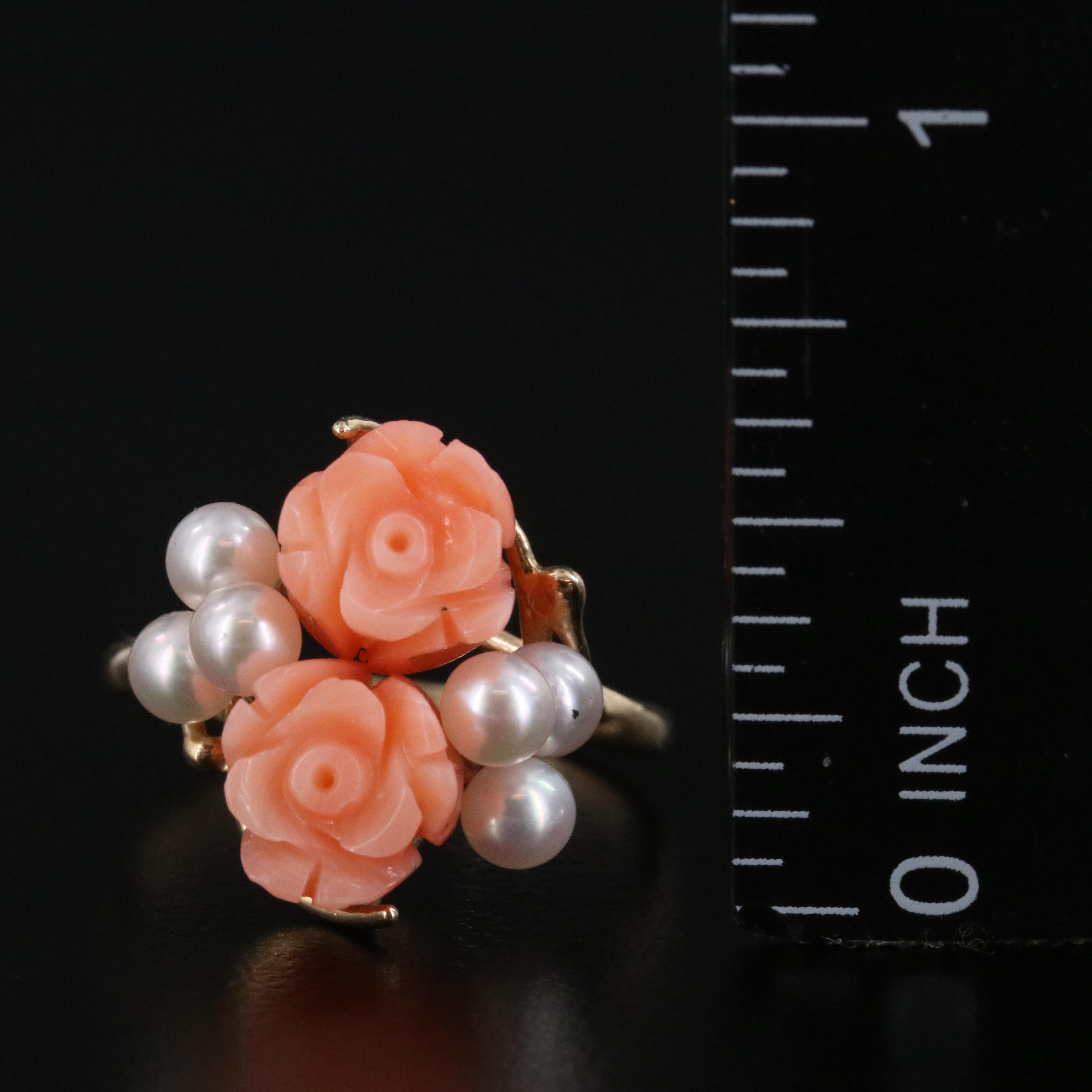 14K Coral Rose and Pearl Ring