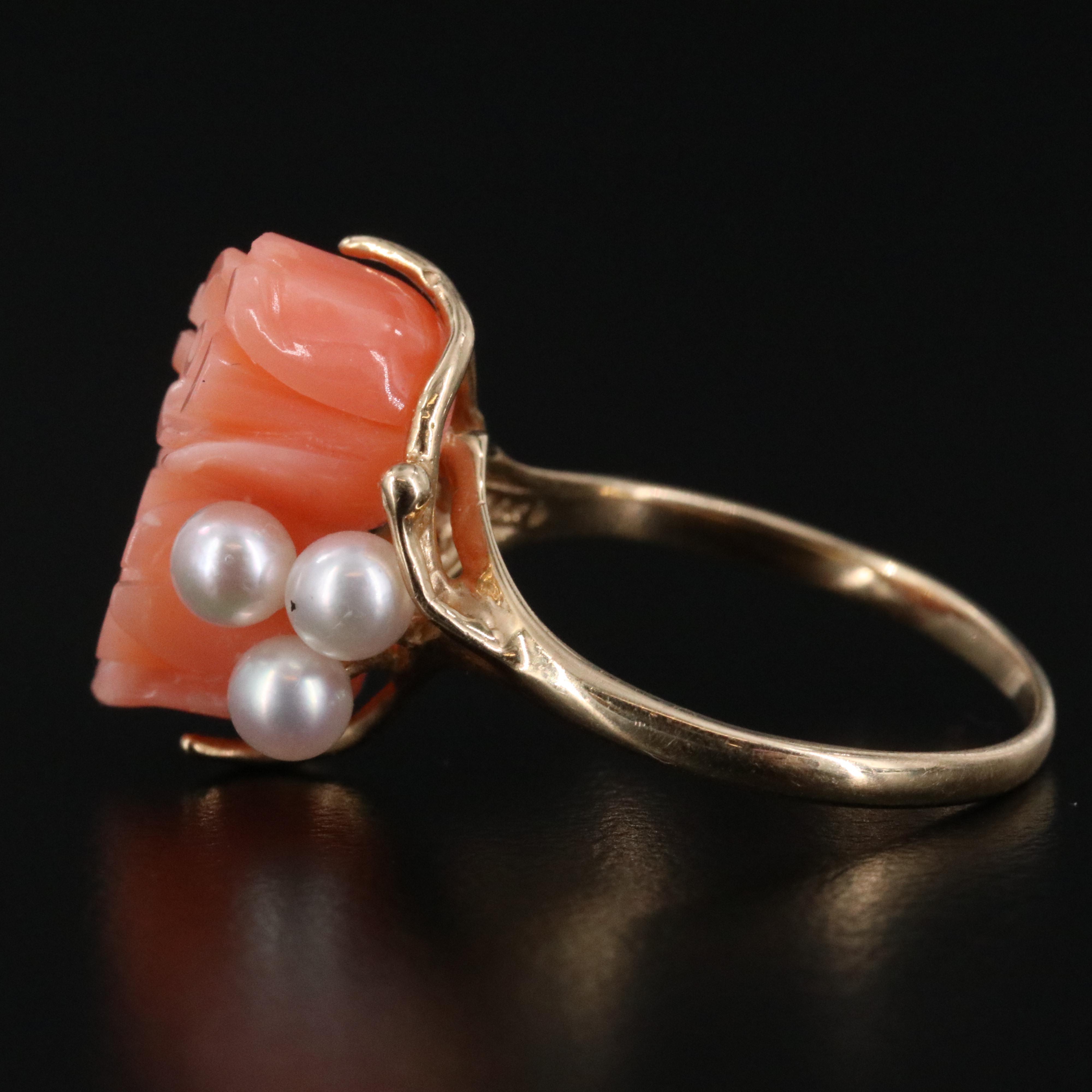 14K Coral Rose and Pearl Ring