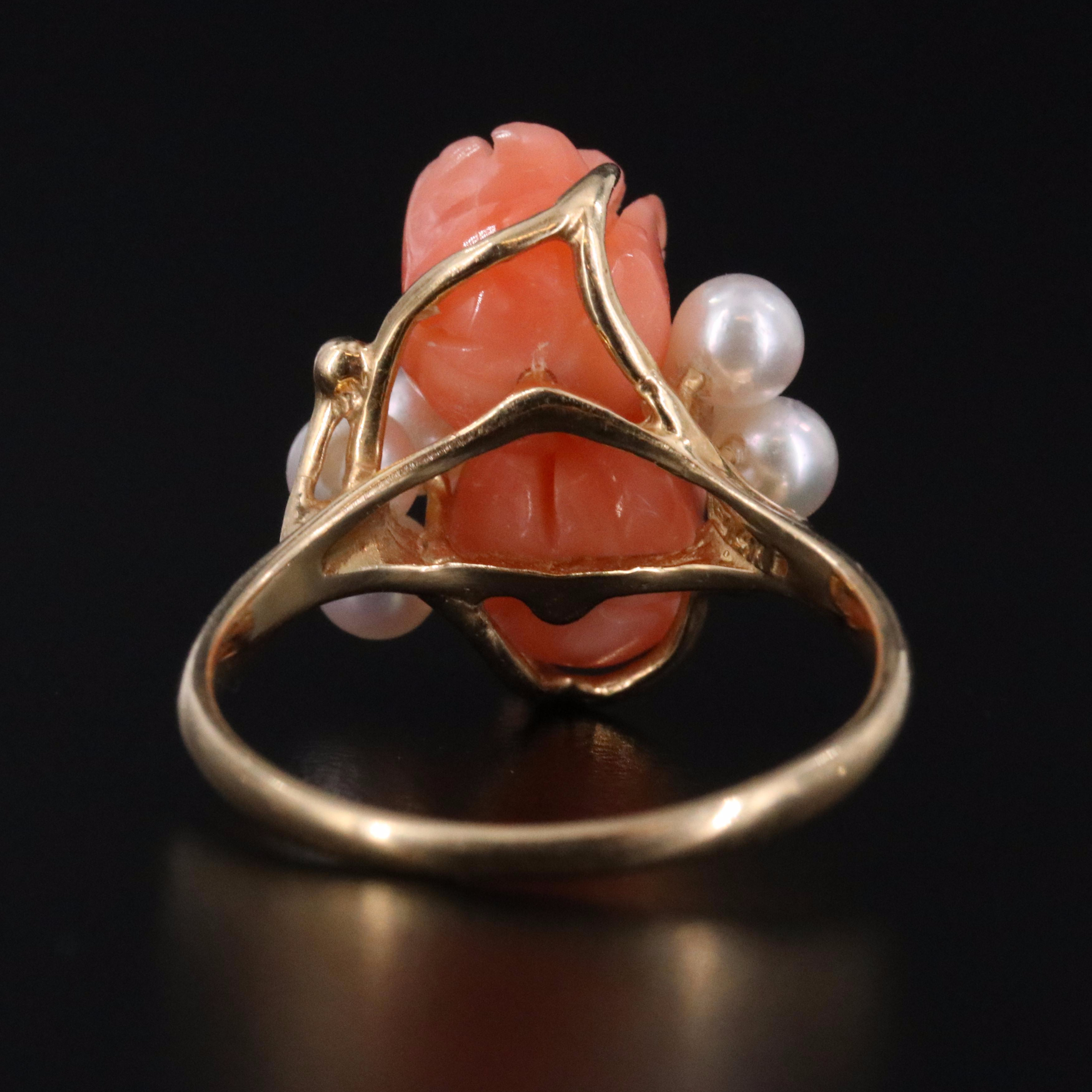 14K Coral Rose and Pearl Ring