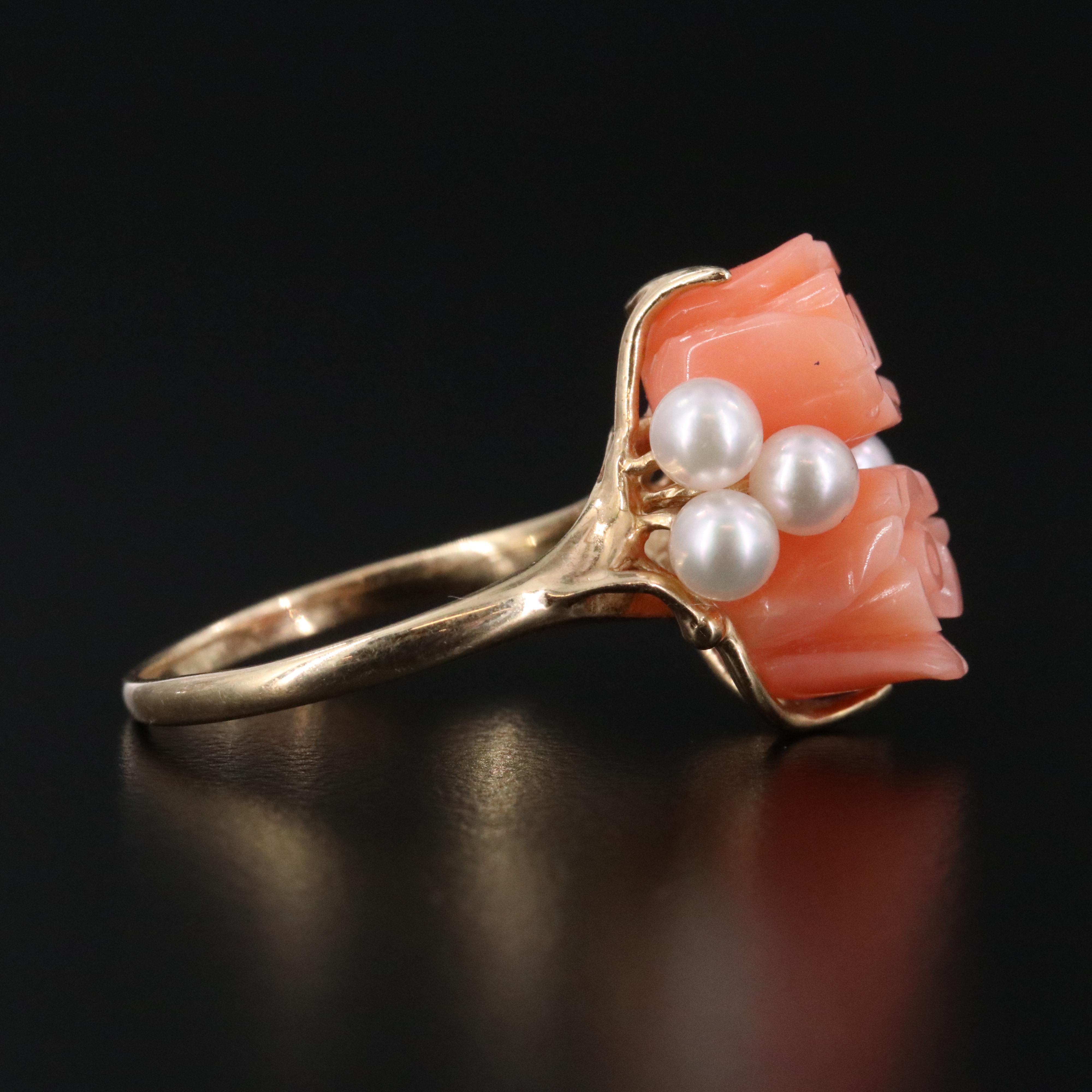 14K Coral Rose and Pearl Ring