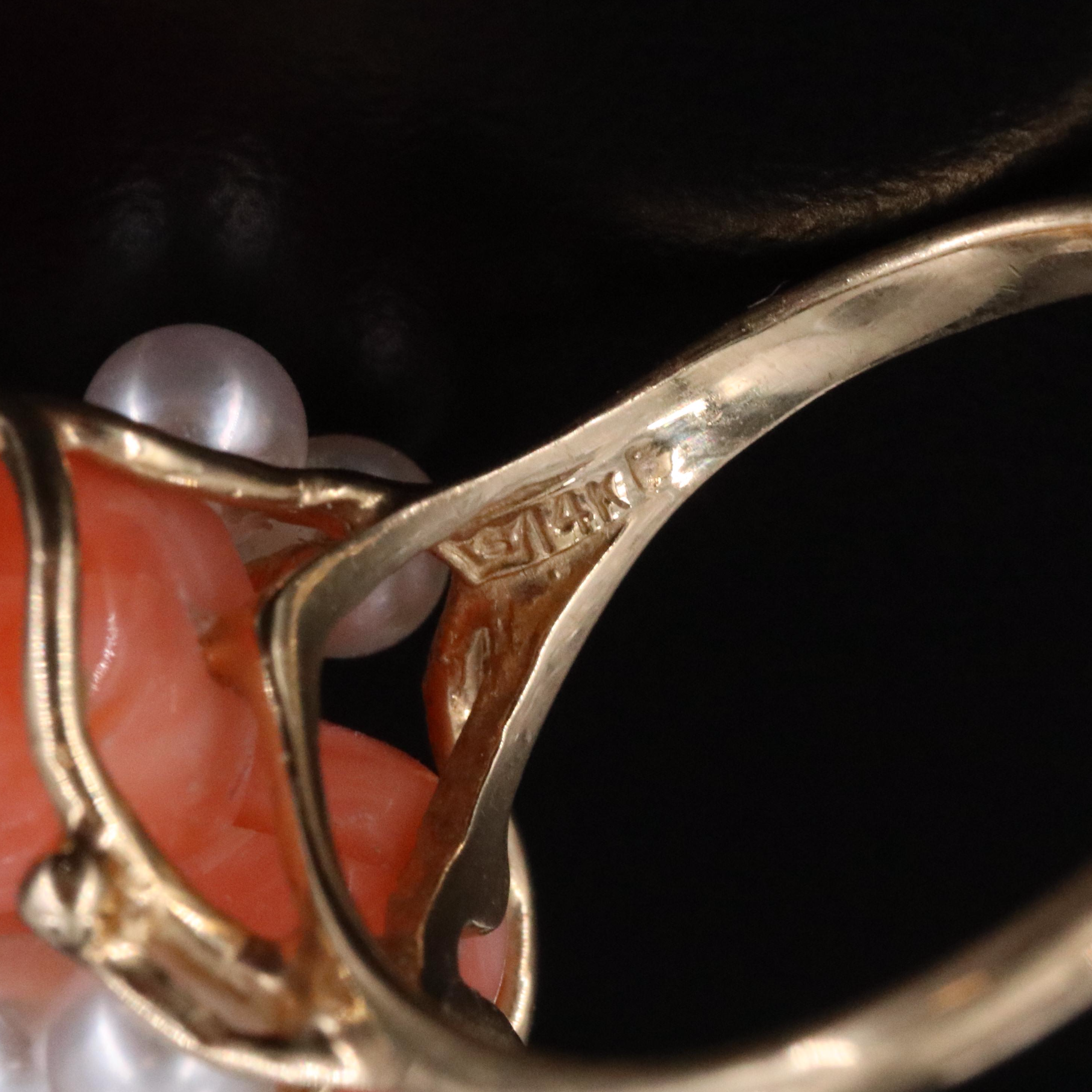 14K Coral Rose and Pearl Ring