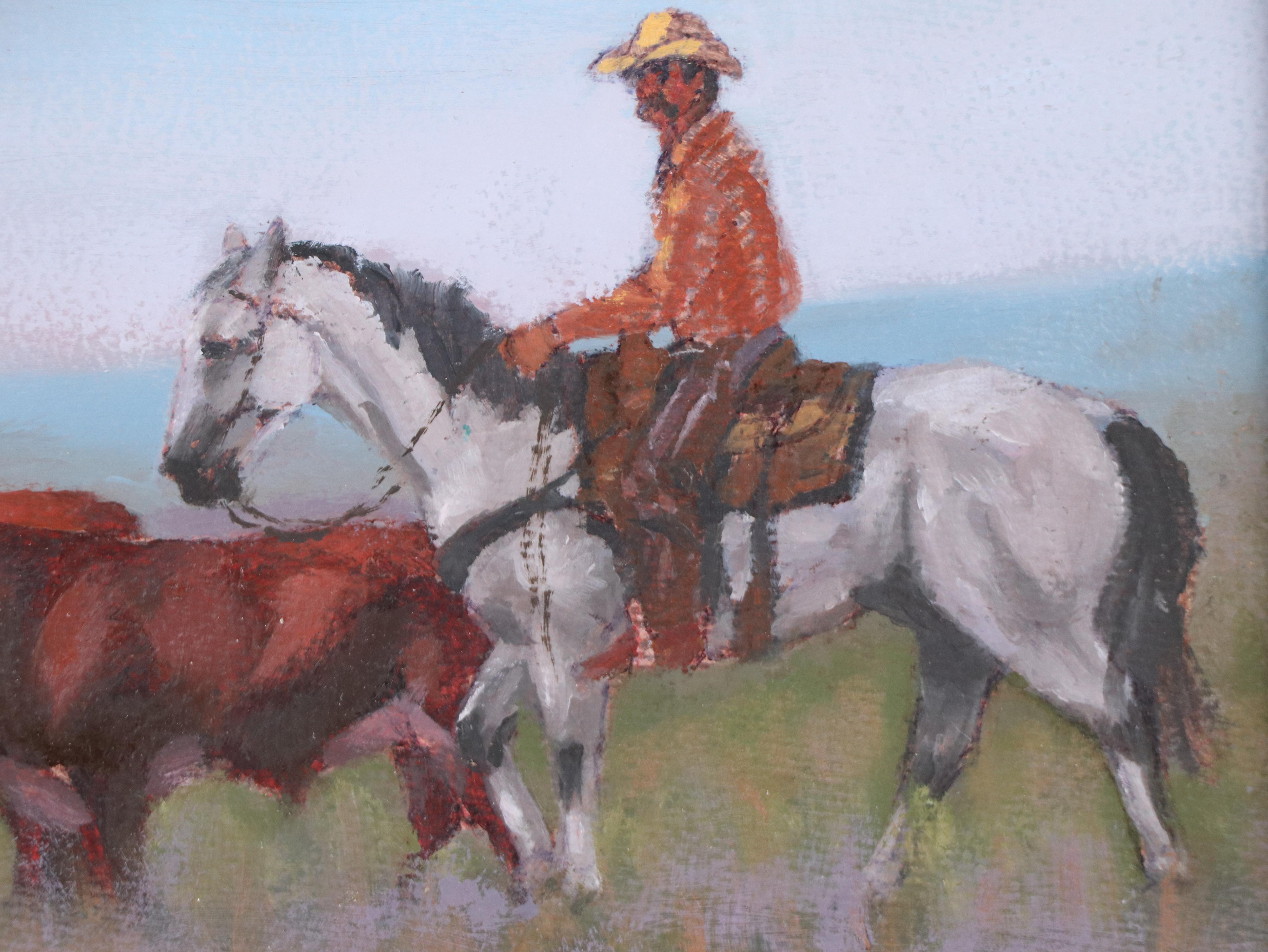 Jimmie Ralph Mayes Western Genre Oil Painting of Cowboy and Cattle