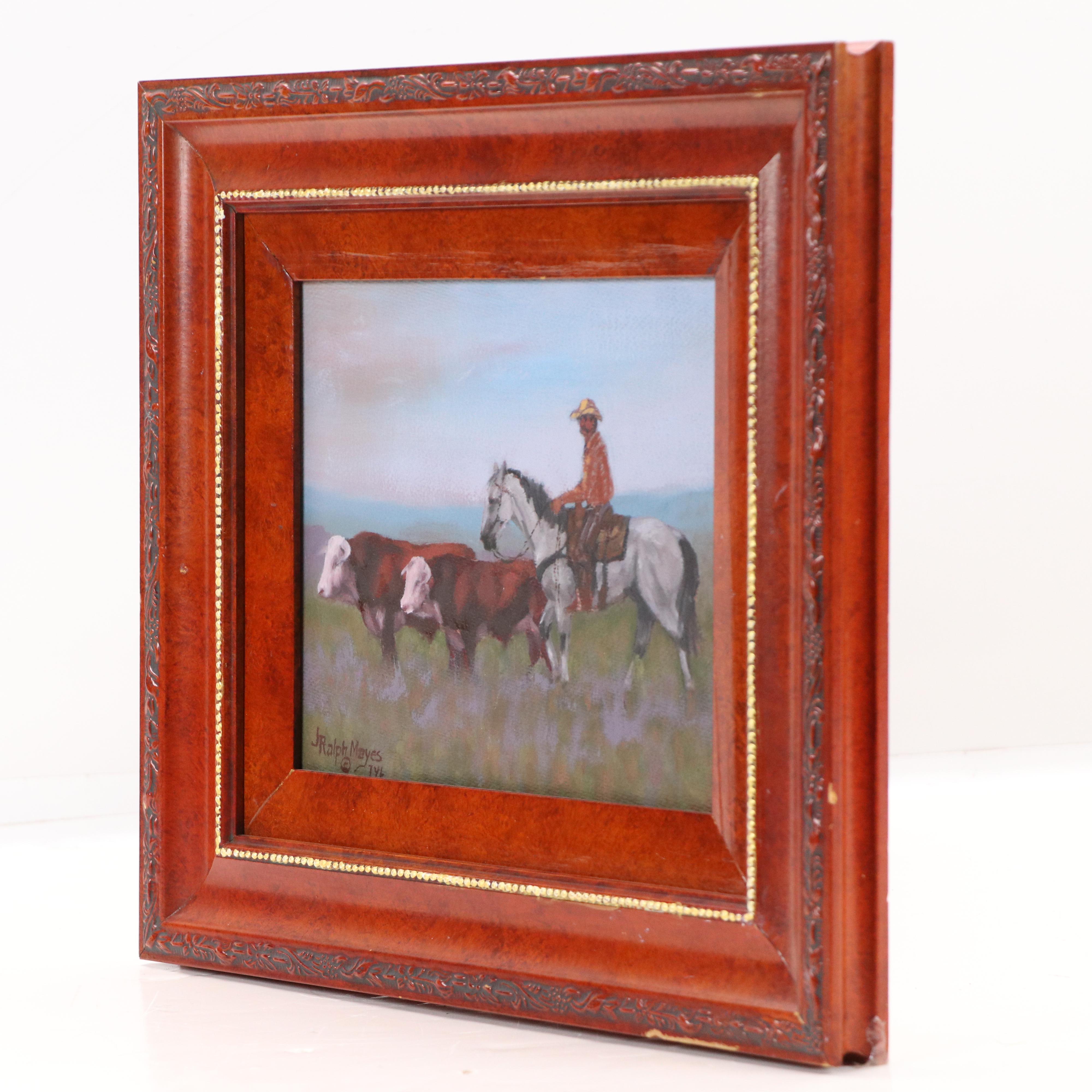 Jimmie Ralph Mayes Western Genre Oil Painting of Cowboy and Cattle