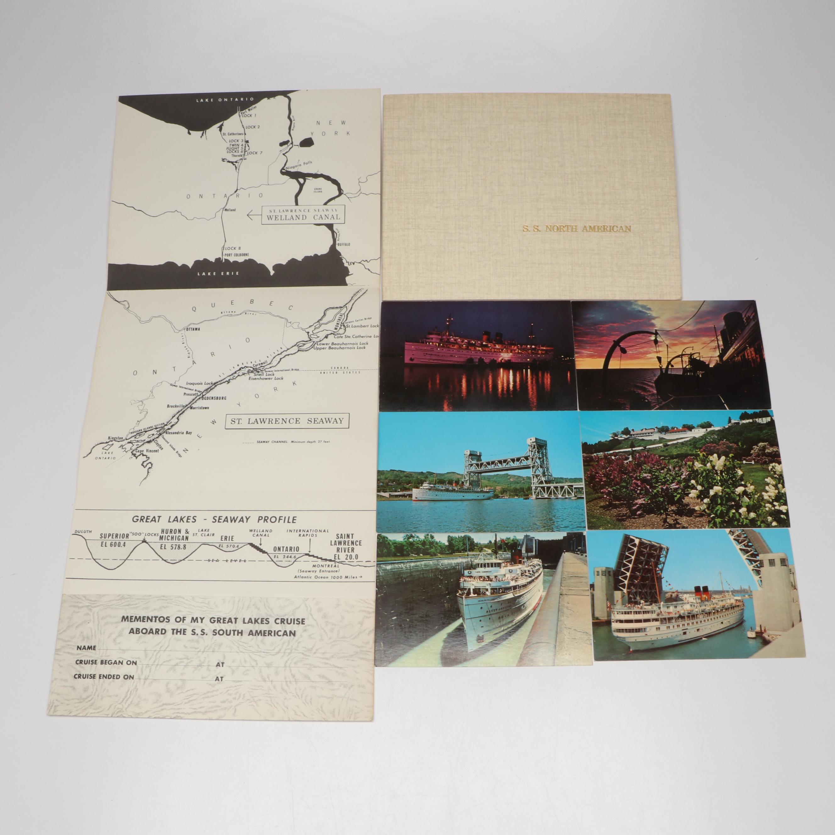 S.S. South American Menu with Postcards, Towel and More, Early to Mid-20th C.