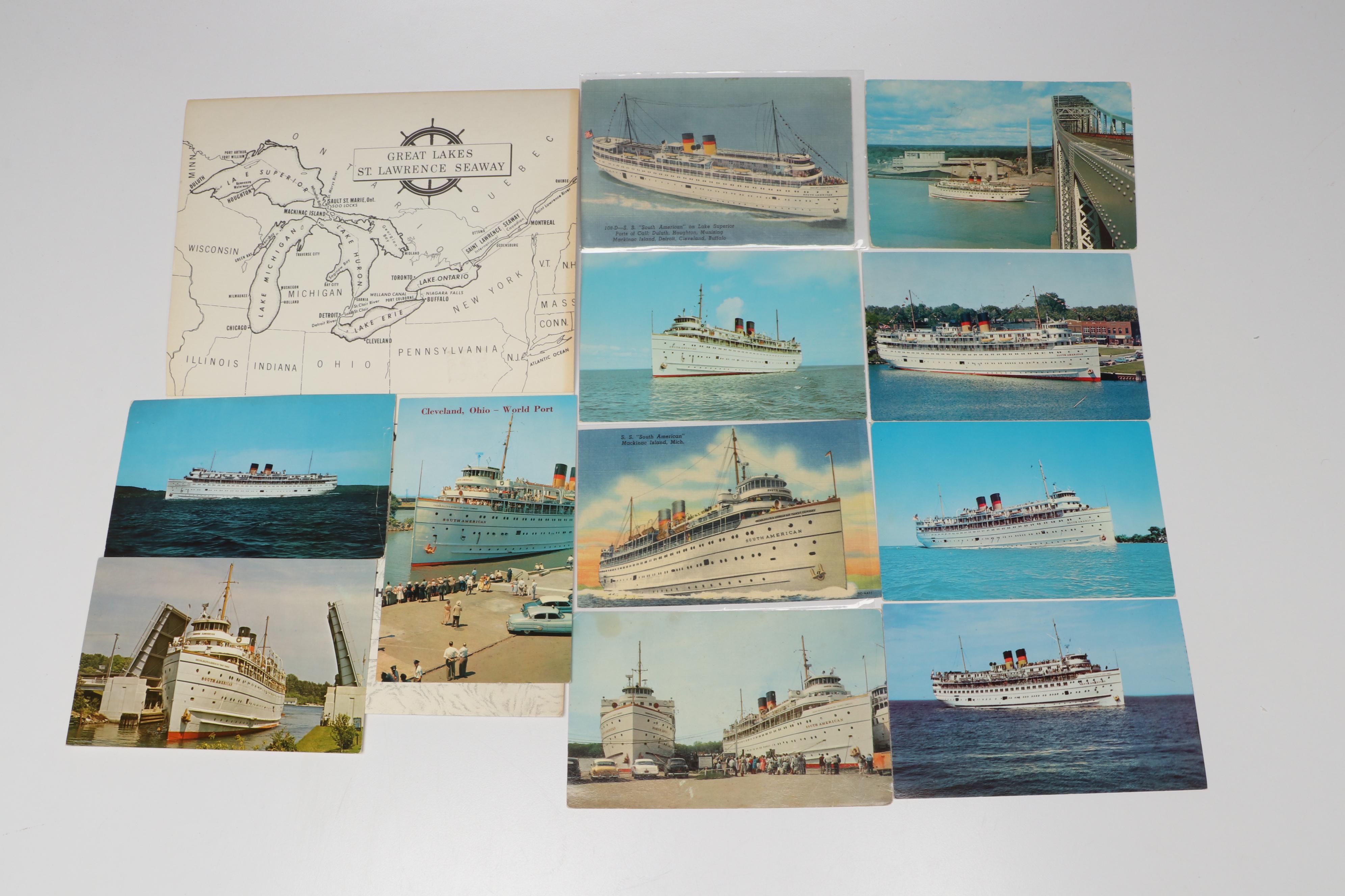 S.S. South American Menu with Postcards, Towel and More, Early to Mid-20th C.