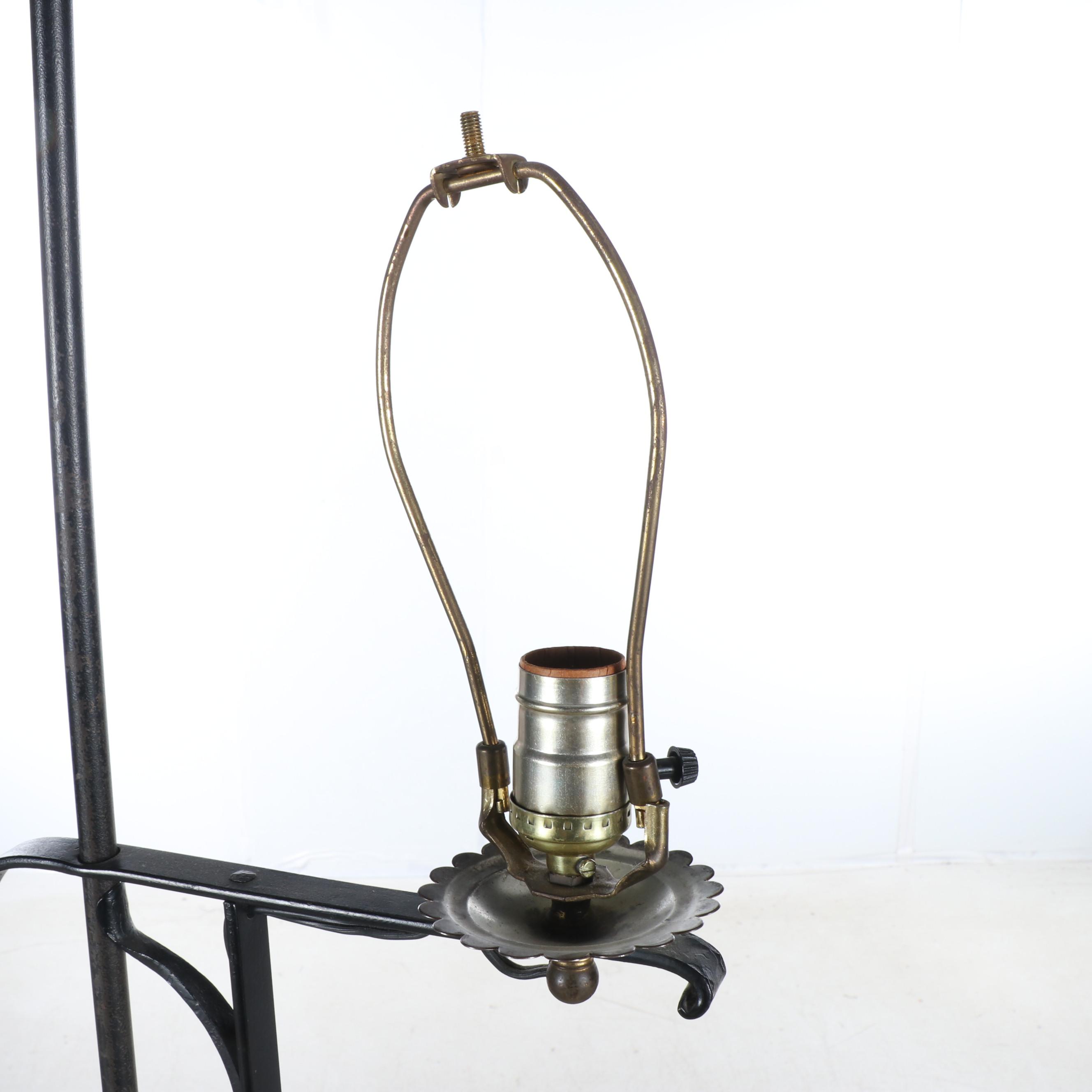Colonial Revival Style Wrought Iron Floor Lamp with Fabric Bell Shade