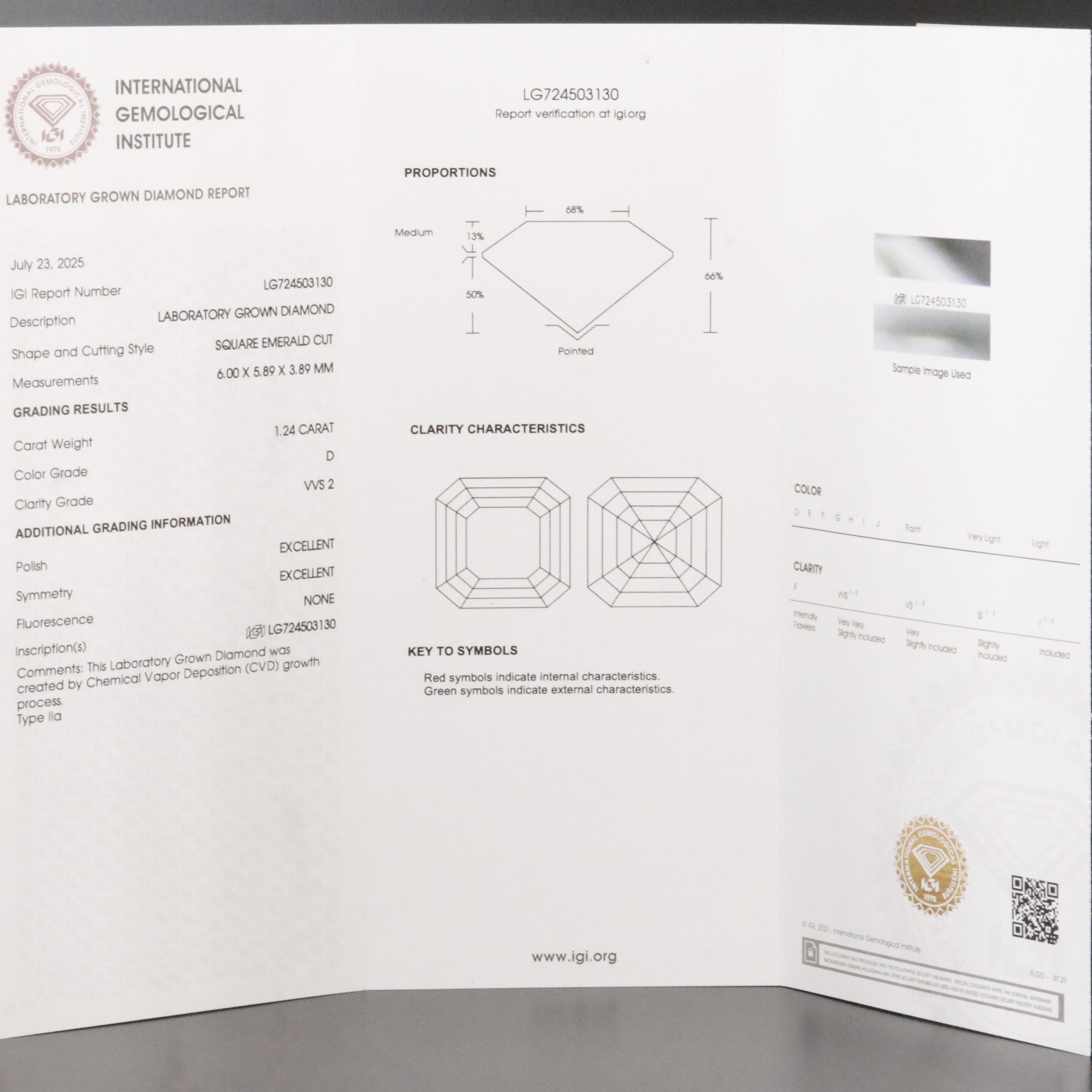 Loose 1.24 CT Lab Grown Diamond with IGI Report