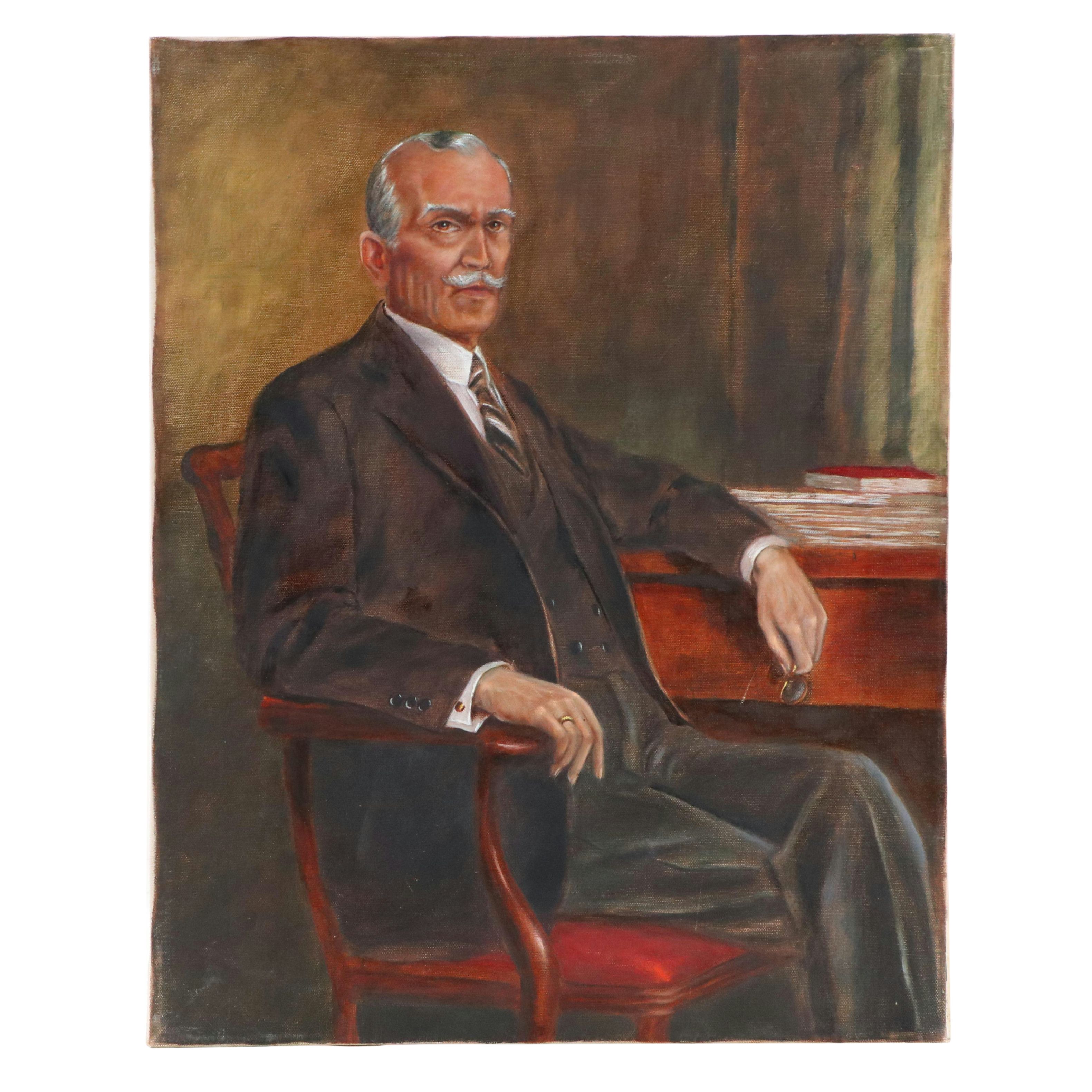 Portrait Oil Painting of Businessman in Study, Mid to Late 20th Century