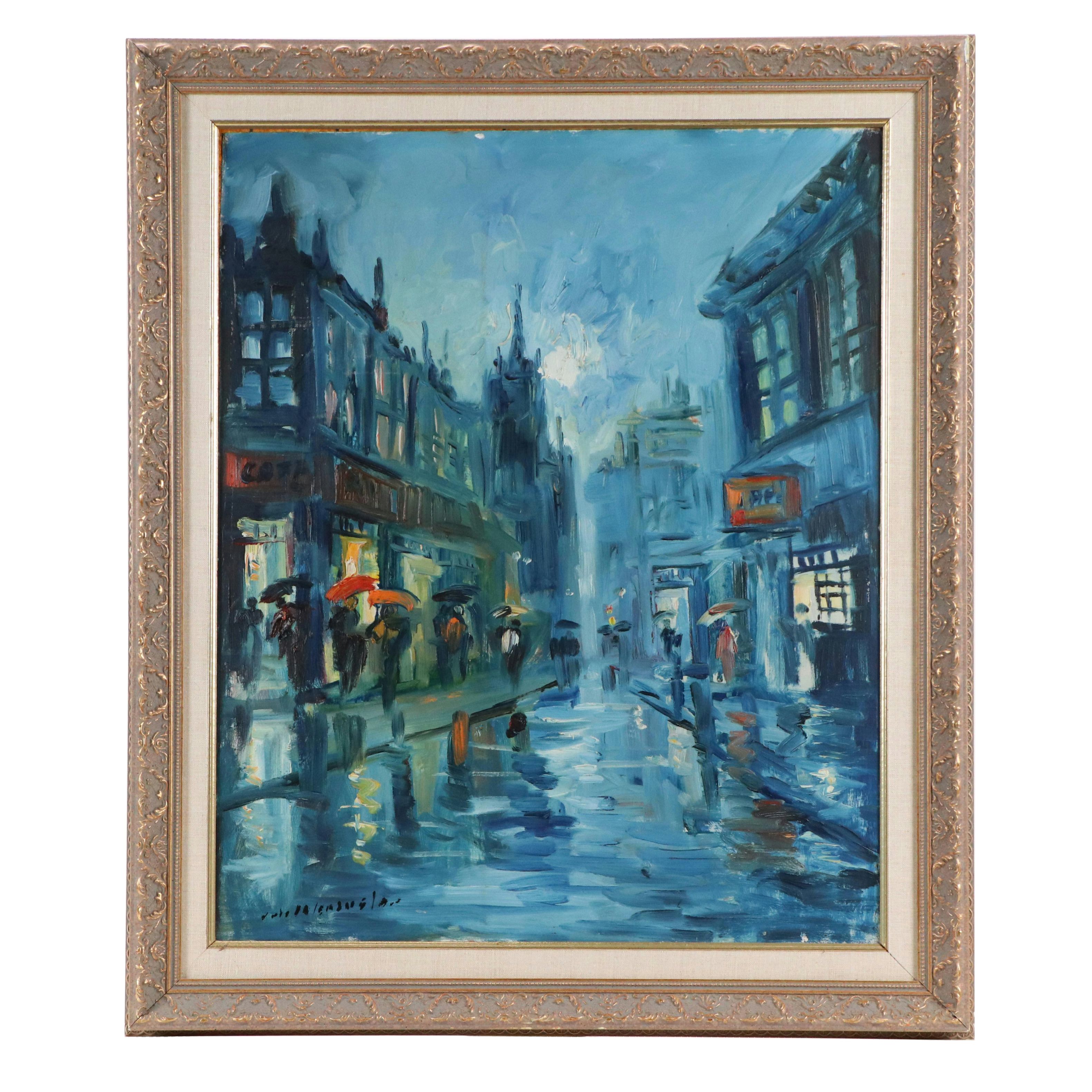 Impressionist Cityscape Oil Painting of Rainy Street Scene, Late 20th to 21st C.