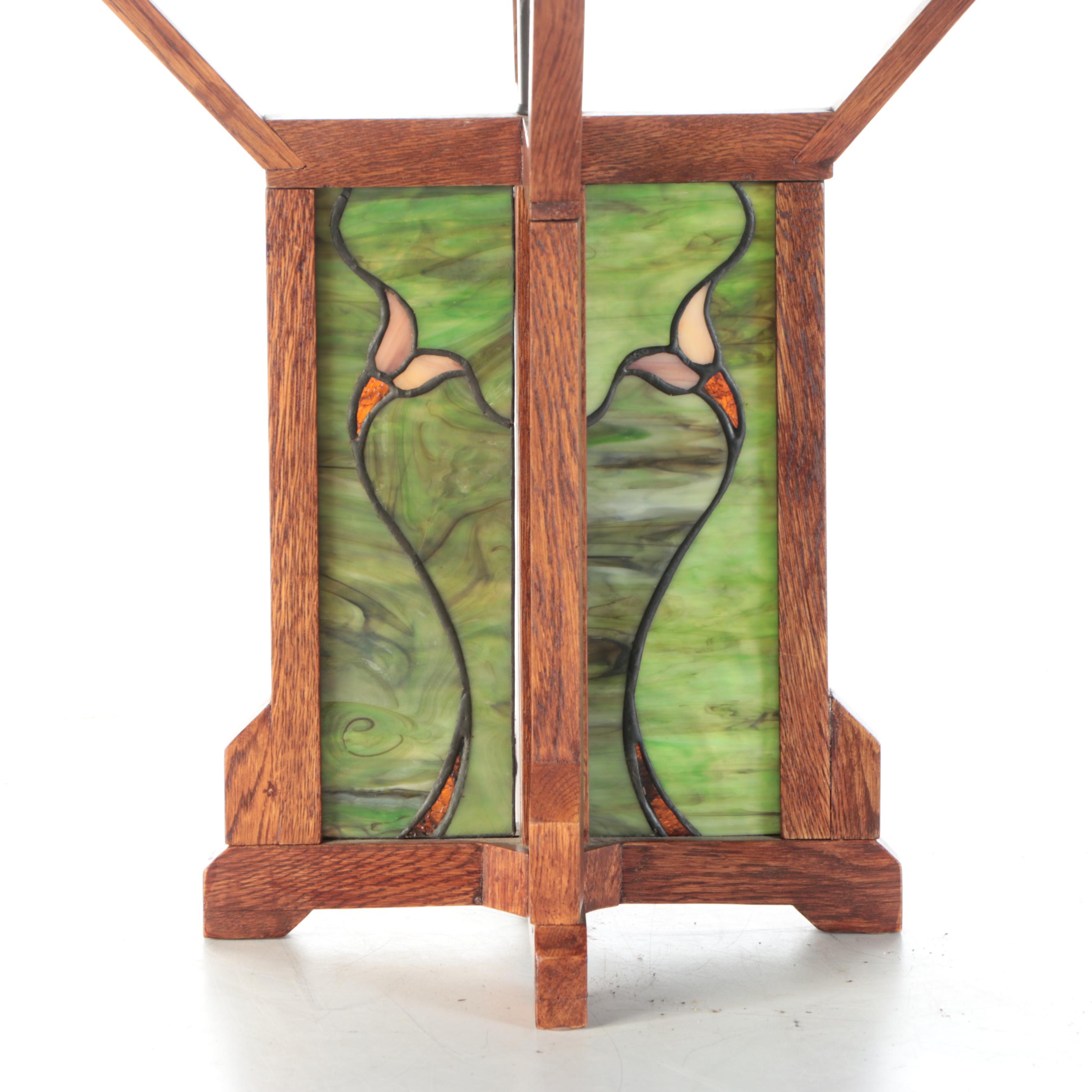 Arts and Crafts Style Oak and Green Slag Glass Table Lamp