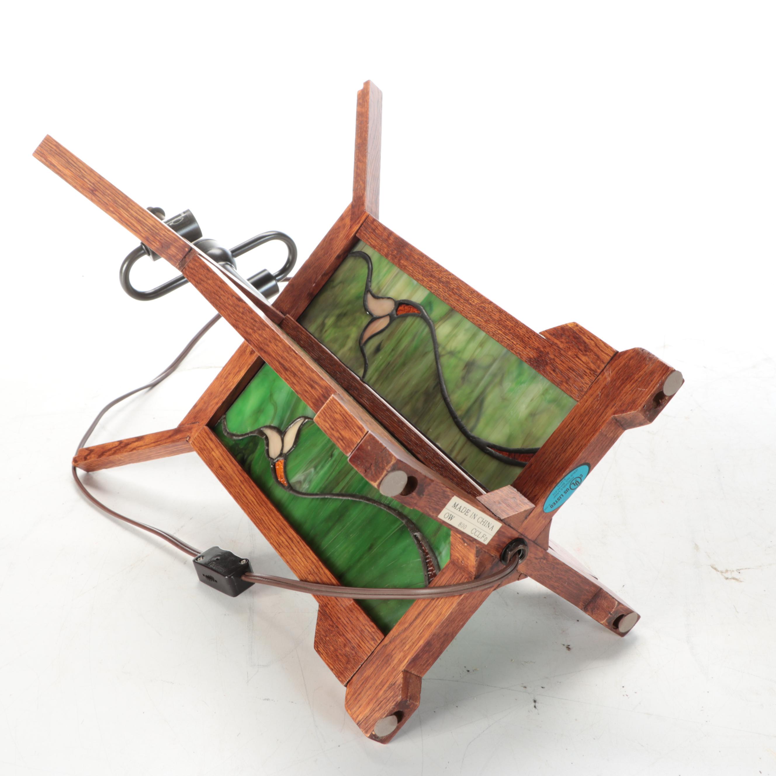 Arts and Crafts Style Oak and Green Slag Glass Table Lamp