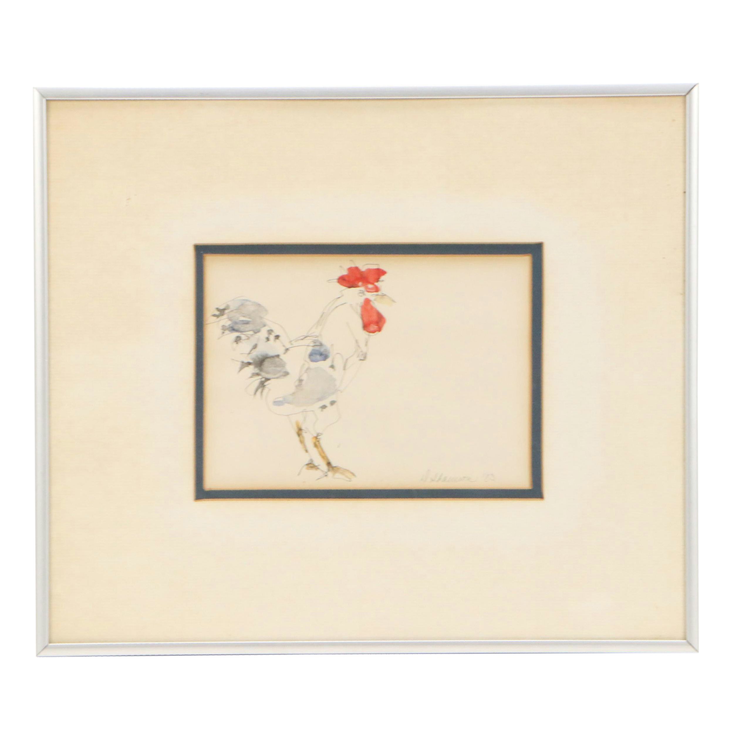 Deborah Shannon Watercolor and Ink Rooster, 1983
