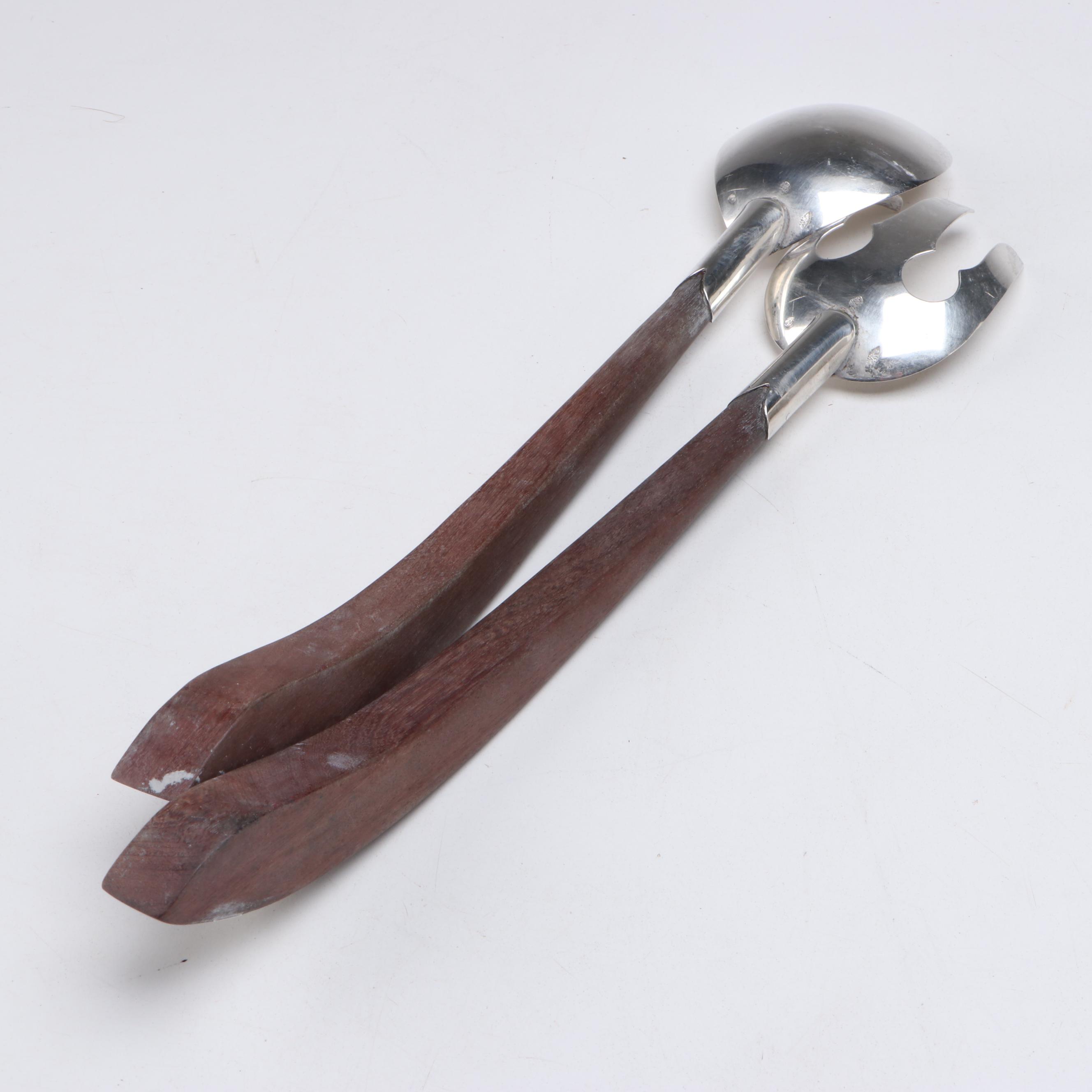 Mexican Modernist Wood and Sterling Serving Utensils with Candlesticks