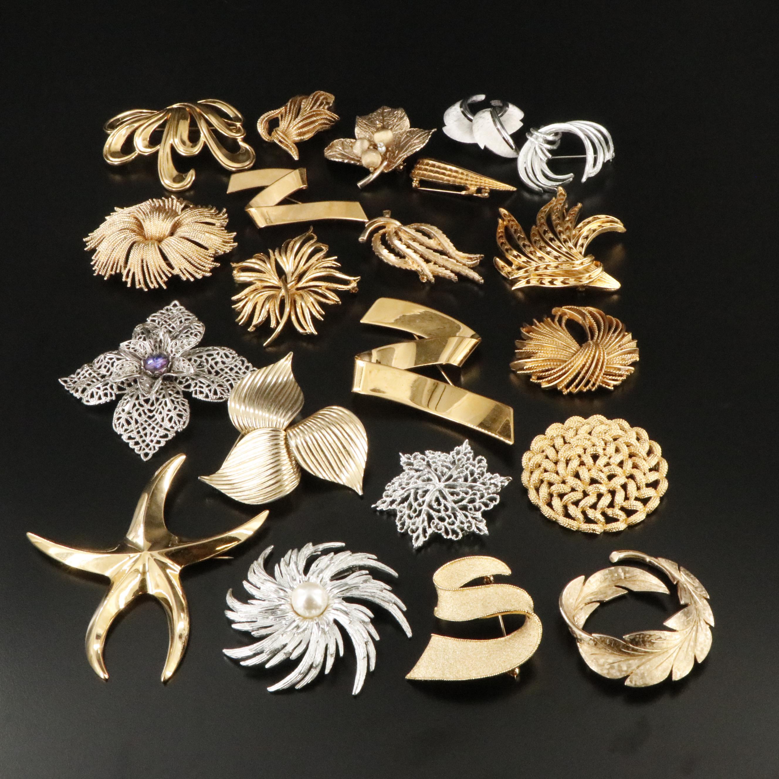 Brooch Collection Including Crown Trifari and Coro with Faux Pearl