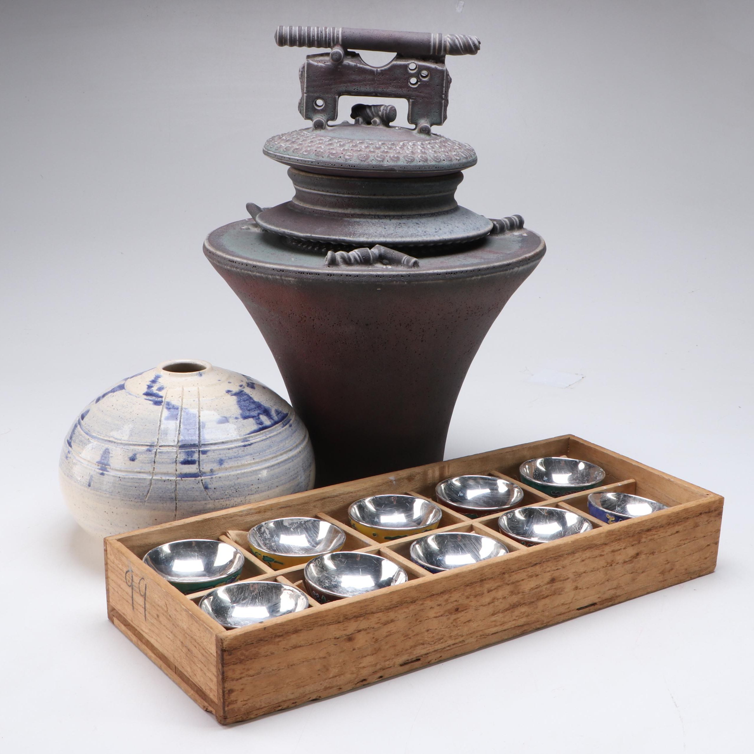 Japanese Sterling and Enamel Tea/Sake Bowls with Art Pottery Urn and Vase