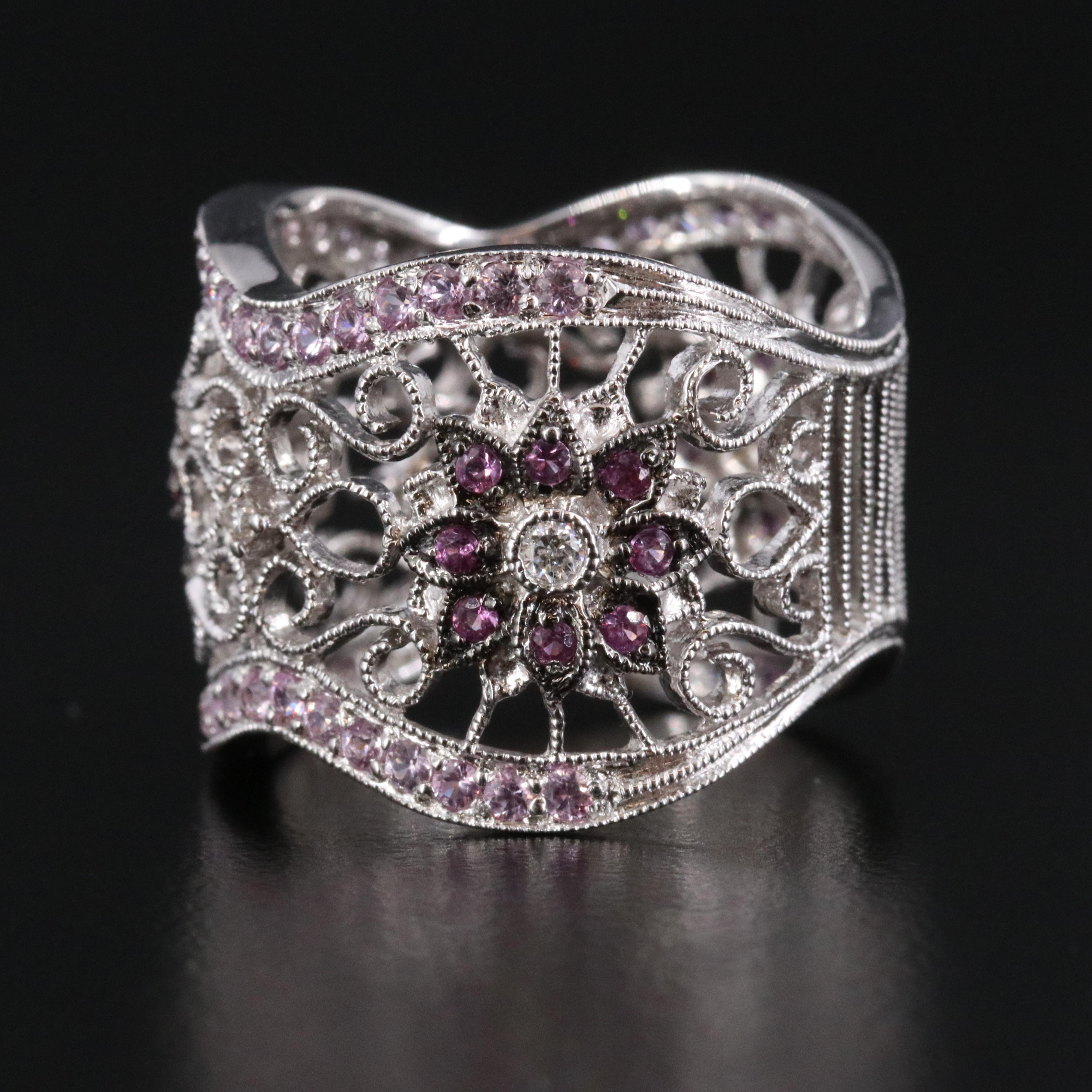Andy G. 18K Pink Sapphire and Diamond Wave Ring with Scroll Detail