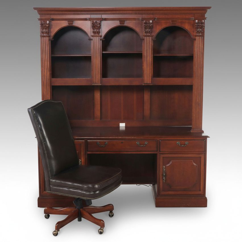 Hooker Furniture Mahogany Desk with Upper Bookcase and Office Chair