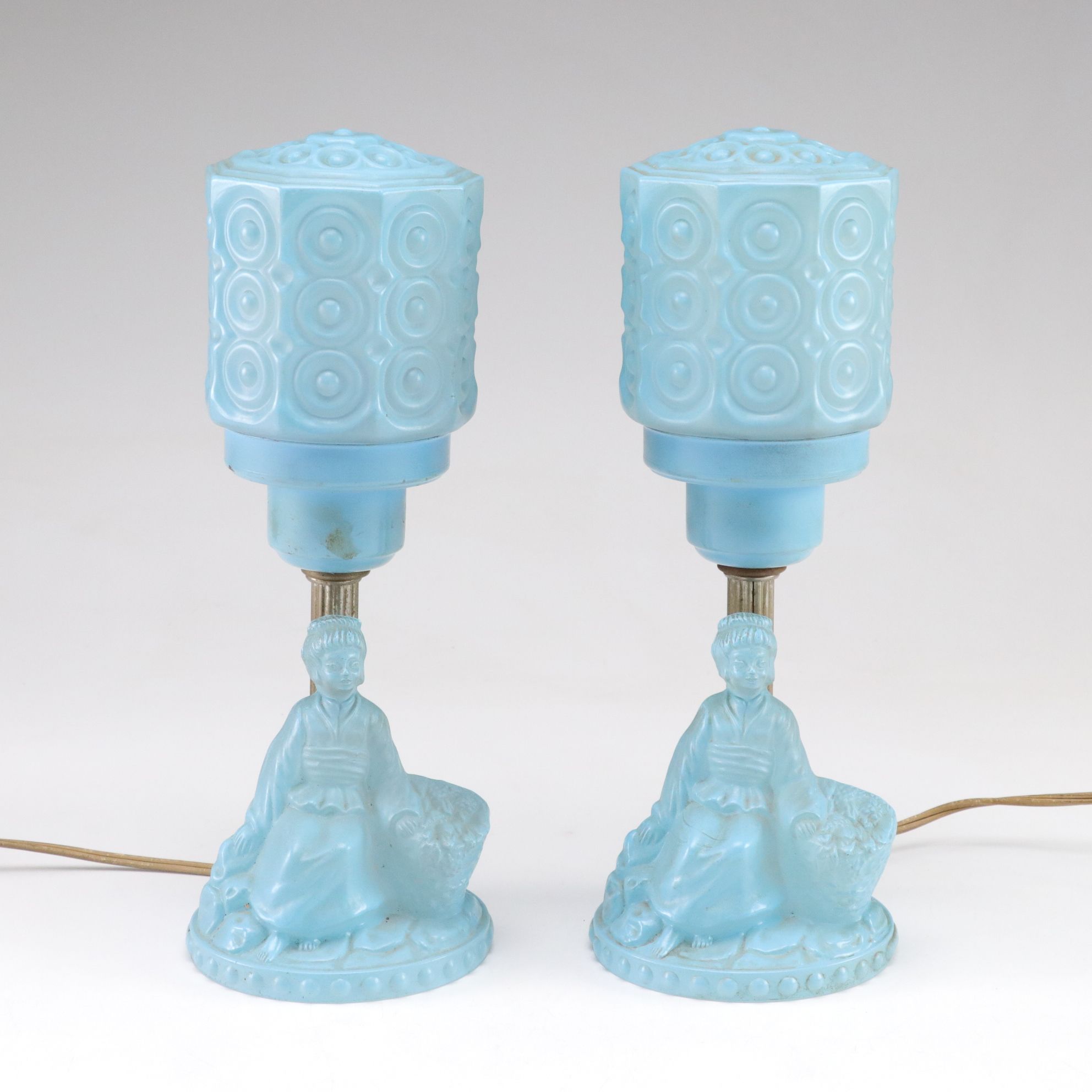 Art Deco Opaline Glass Seated Lady Boudoir Lamps