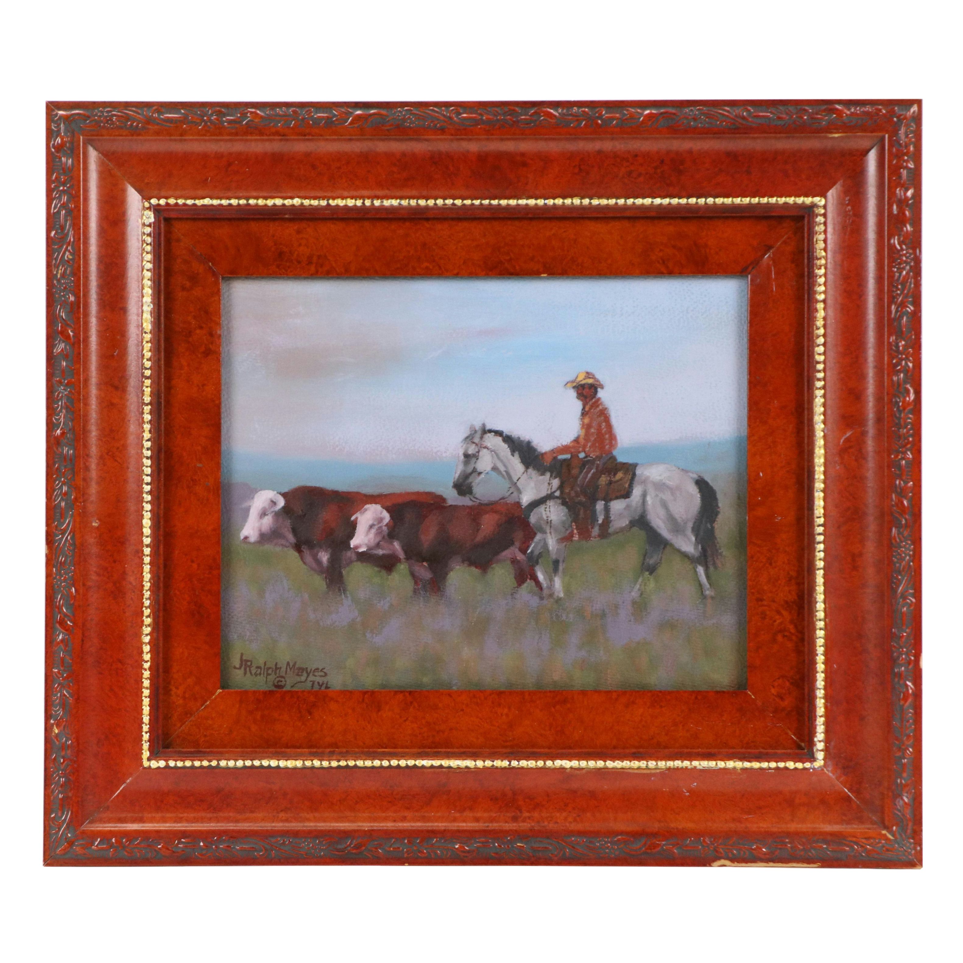 Jimmie Ralph Mayes Western Genre Oil Painting of Cowboy and Cattle