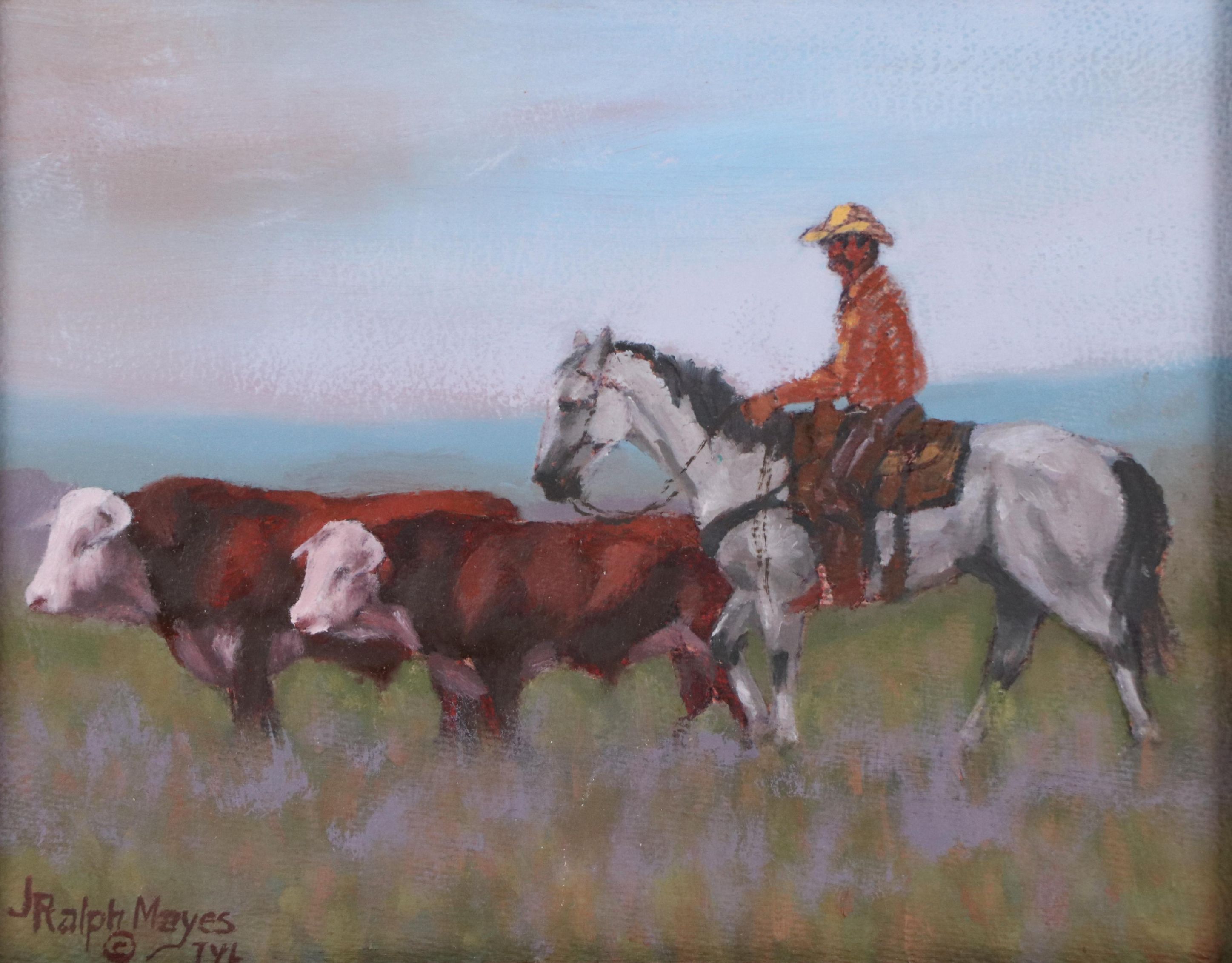 Jimmie Ralph Mayes Western Genre Oil Painting of Cowboy and Cattle