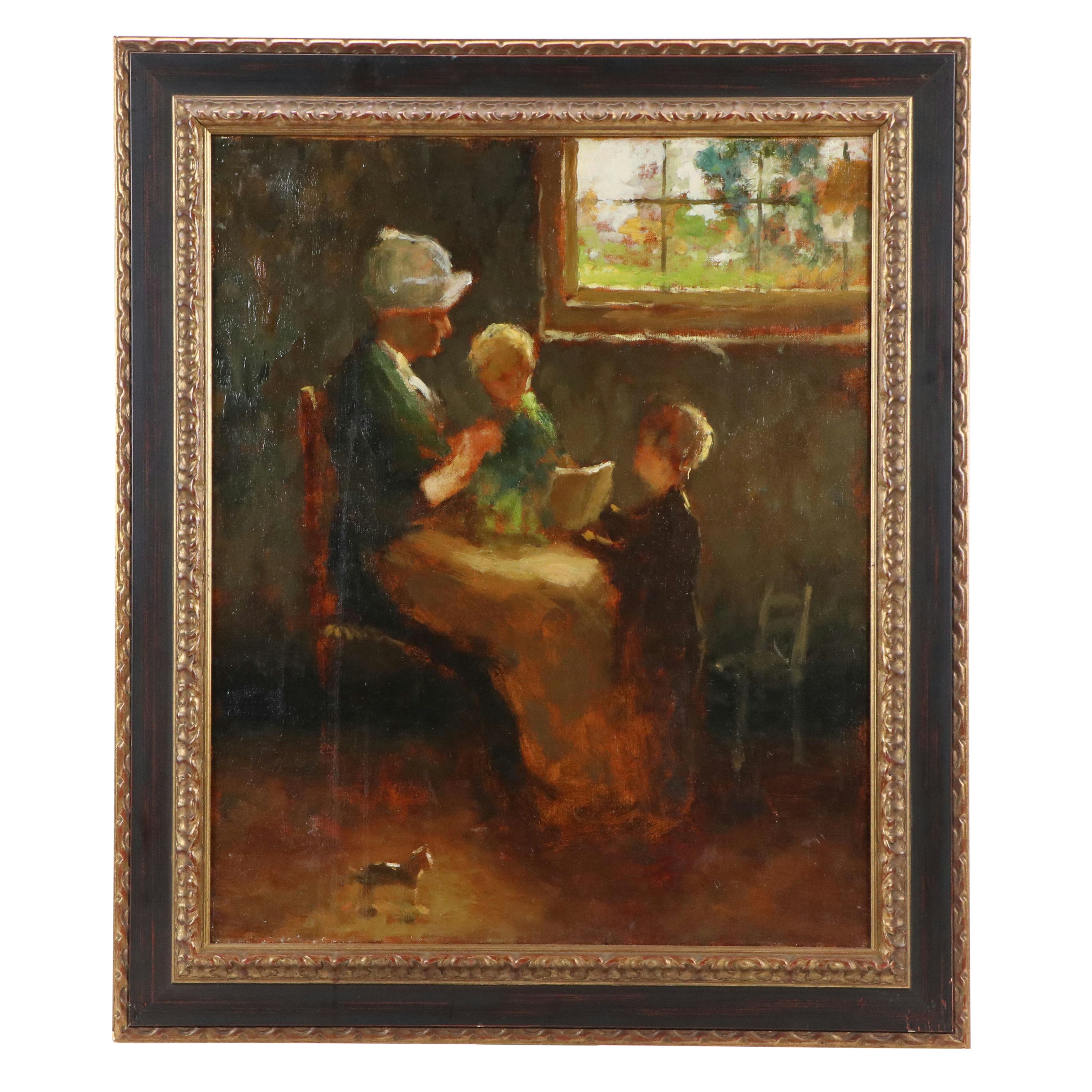 Interior Oil Painting of Mother and Young Children