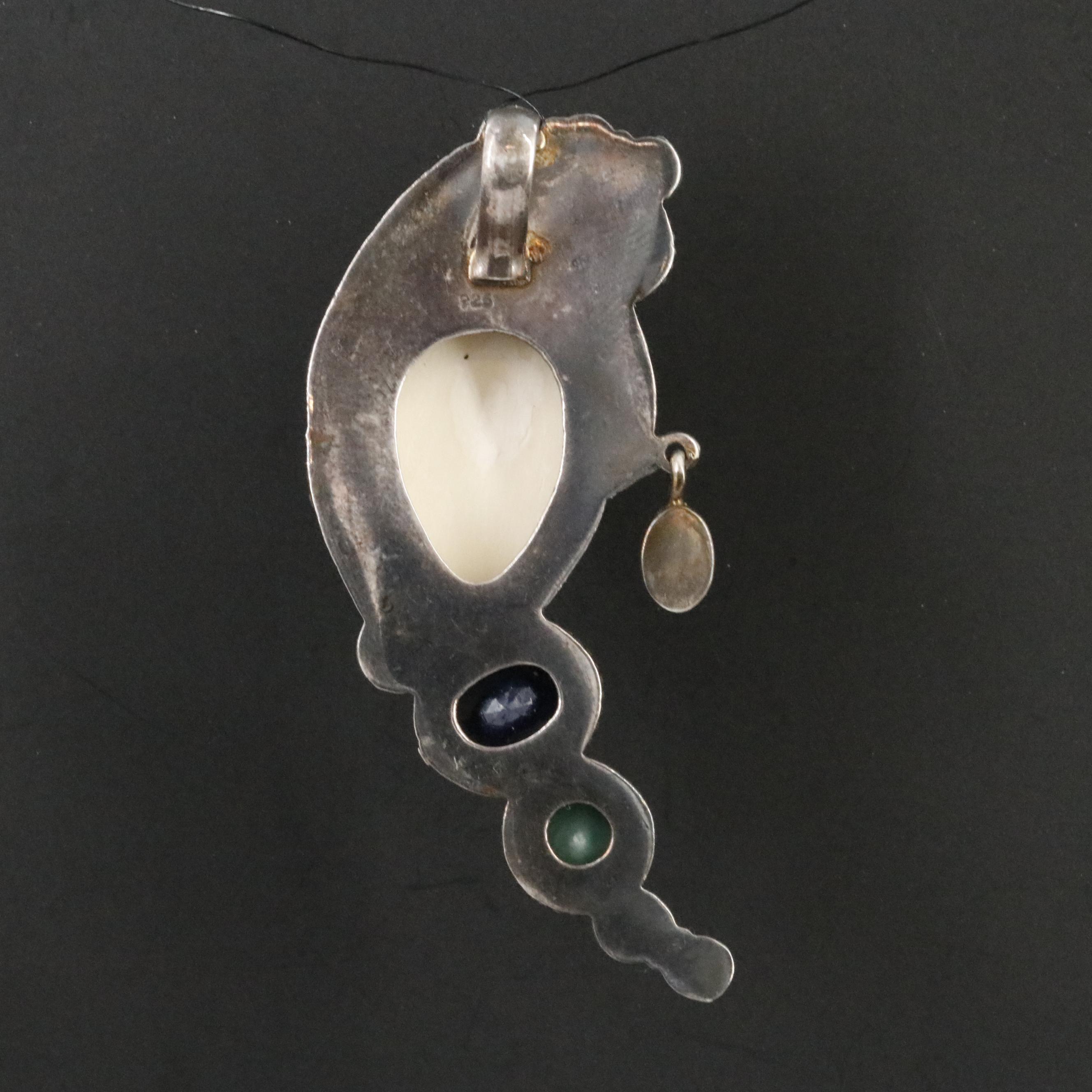 Sterling Carved Bone Goddess with Sapphire and Emerald Pendant