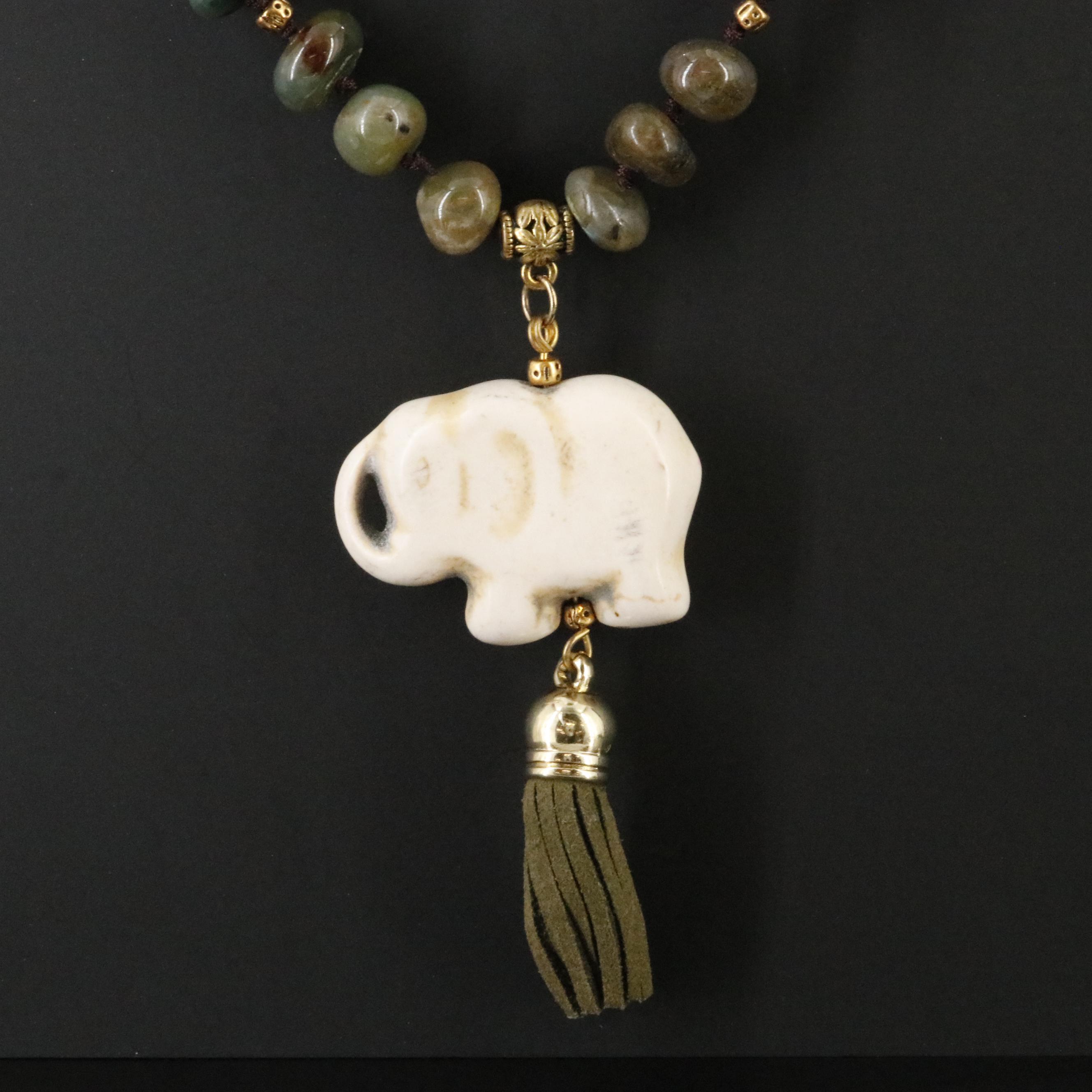 Quartzite, Labradorite, and Bone Elephant Necklace