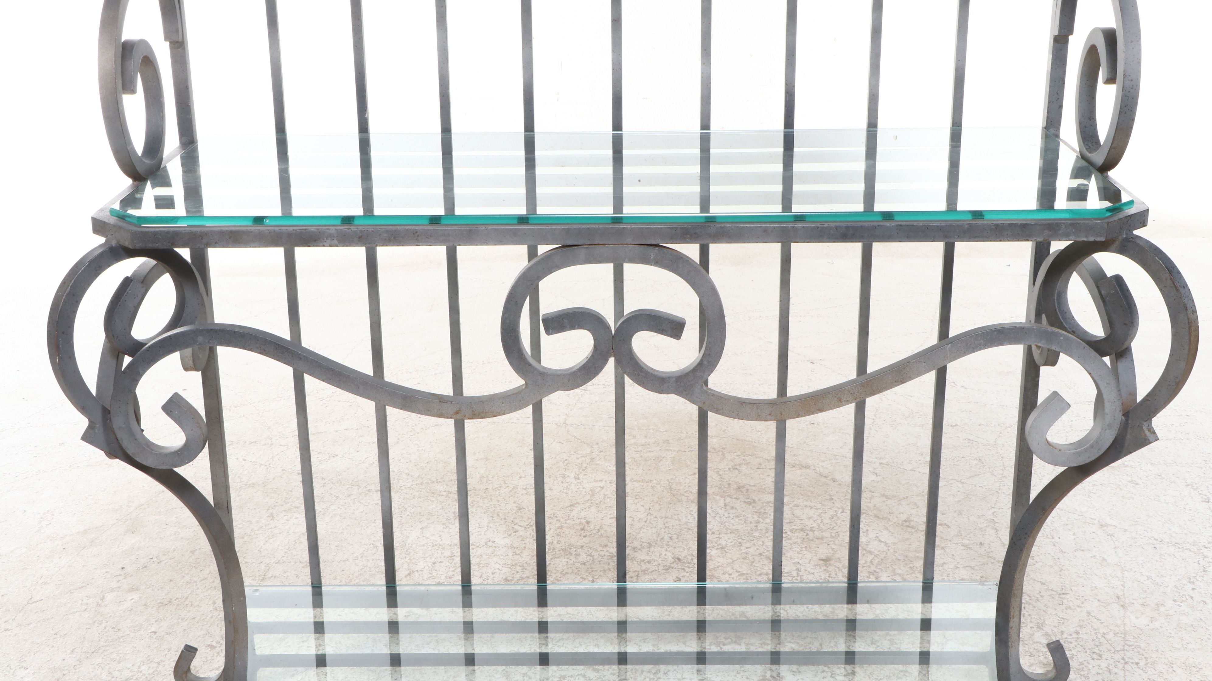 French Art Nouveau Style Wrought Iron Baker's Rack with Glass Shelves