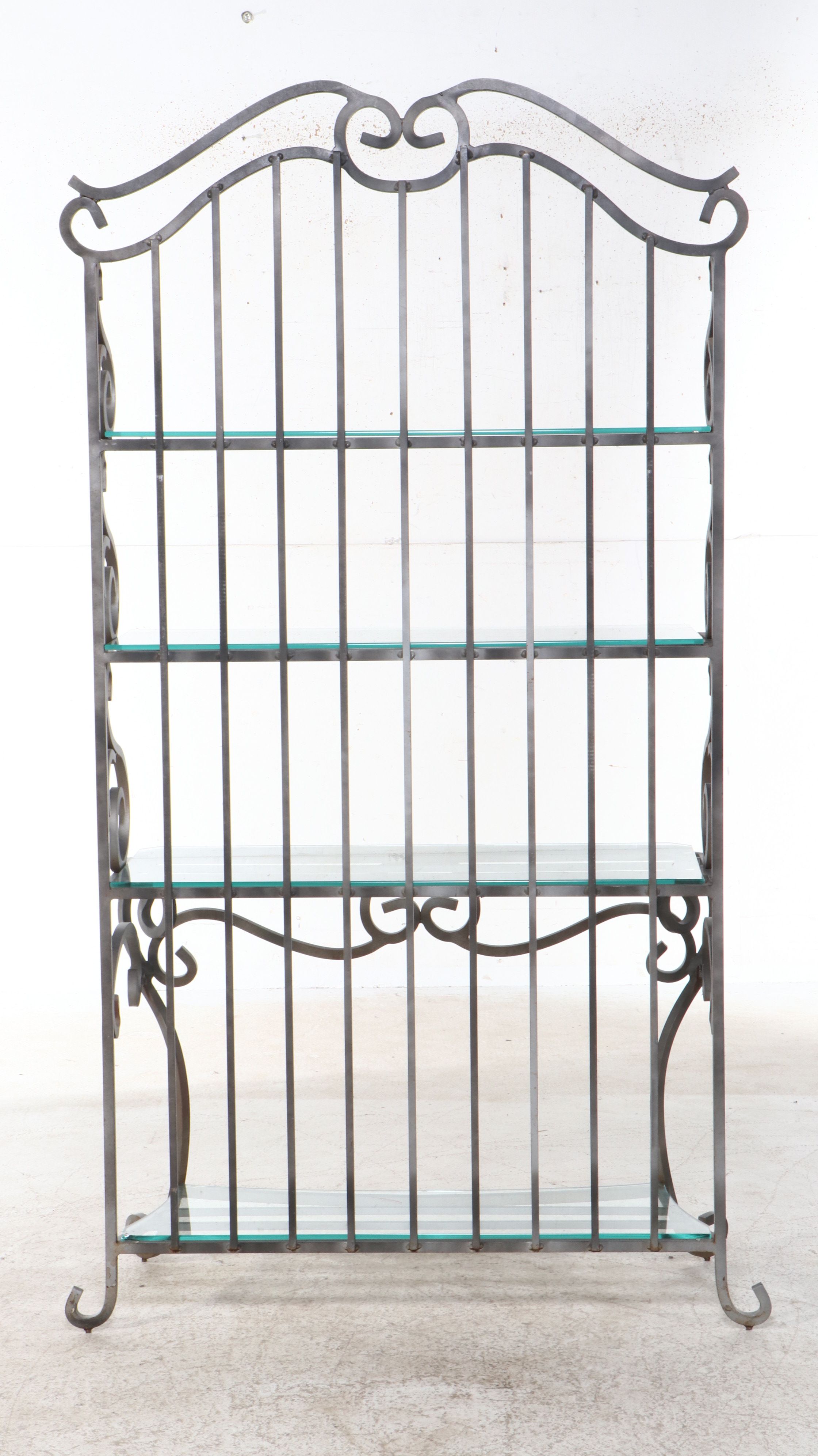 French Art Nouveau Style Wrought Iron Baker's Rack with Glass Shelves
