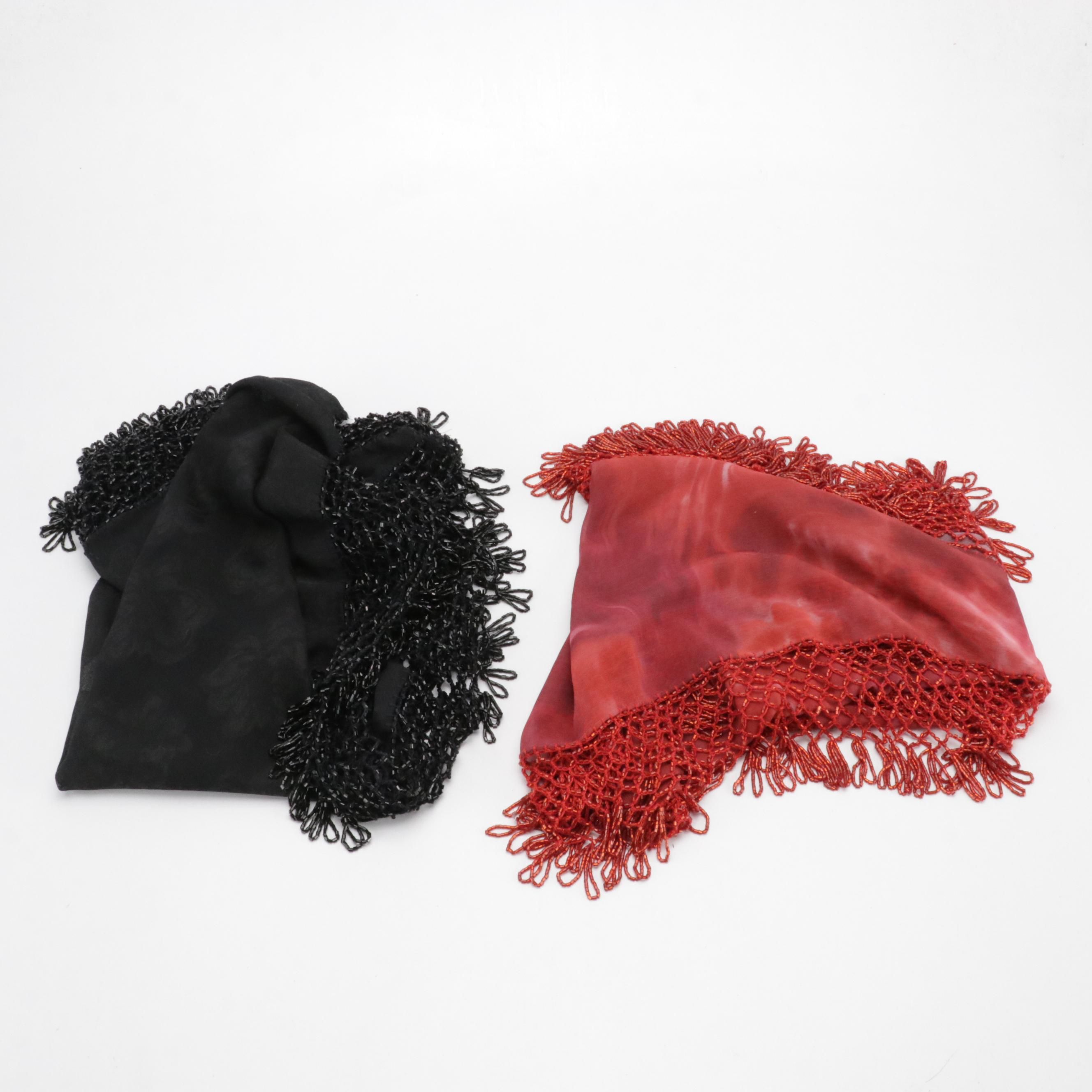 Black and Red Fringe Beaded Shawl Scarves