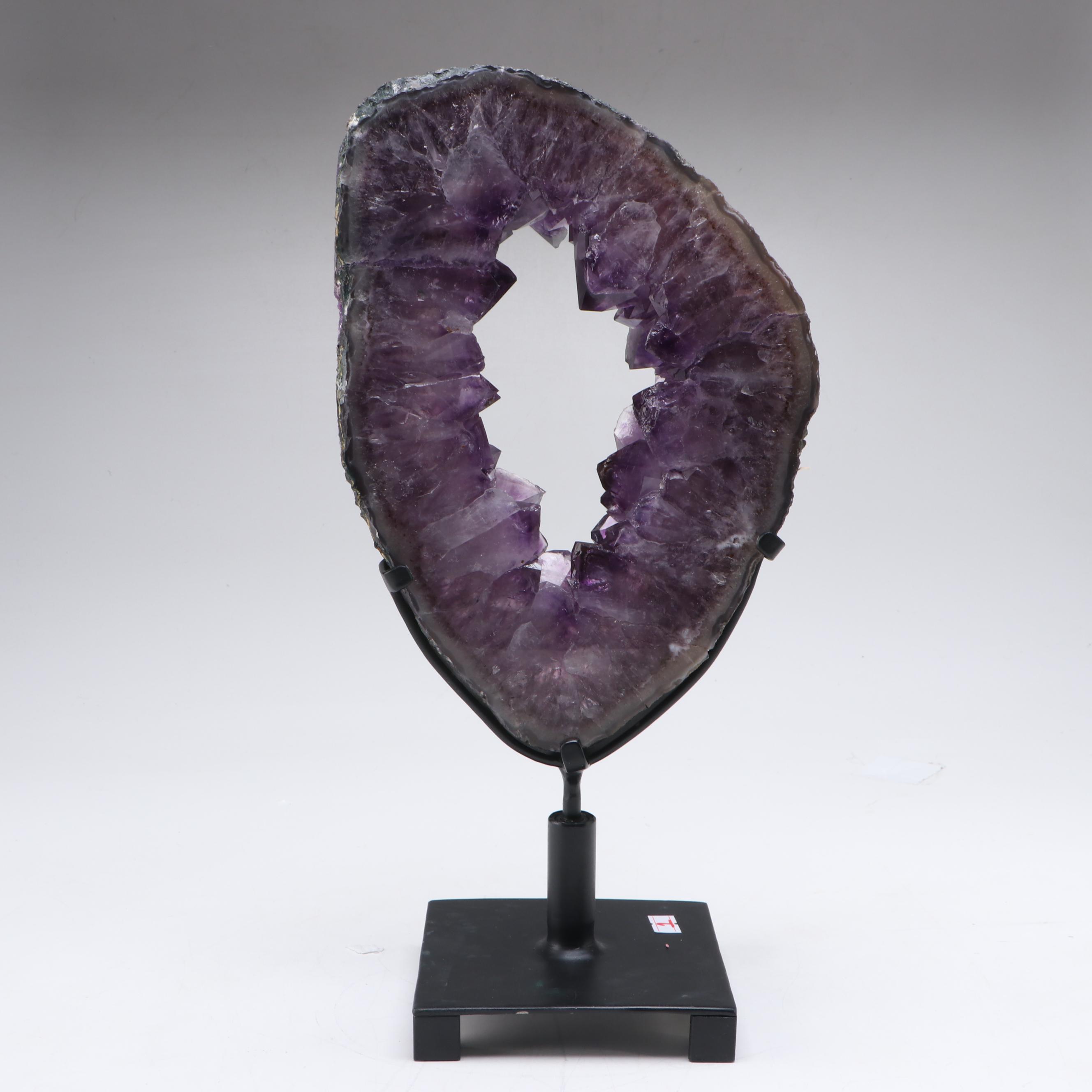 Polished Amethyst Geode Slab on Custom Metal Stand