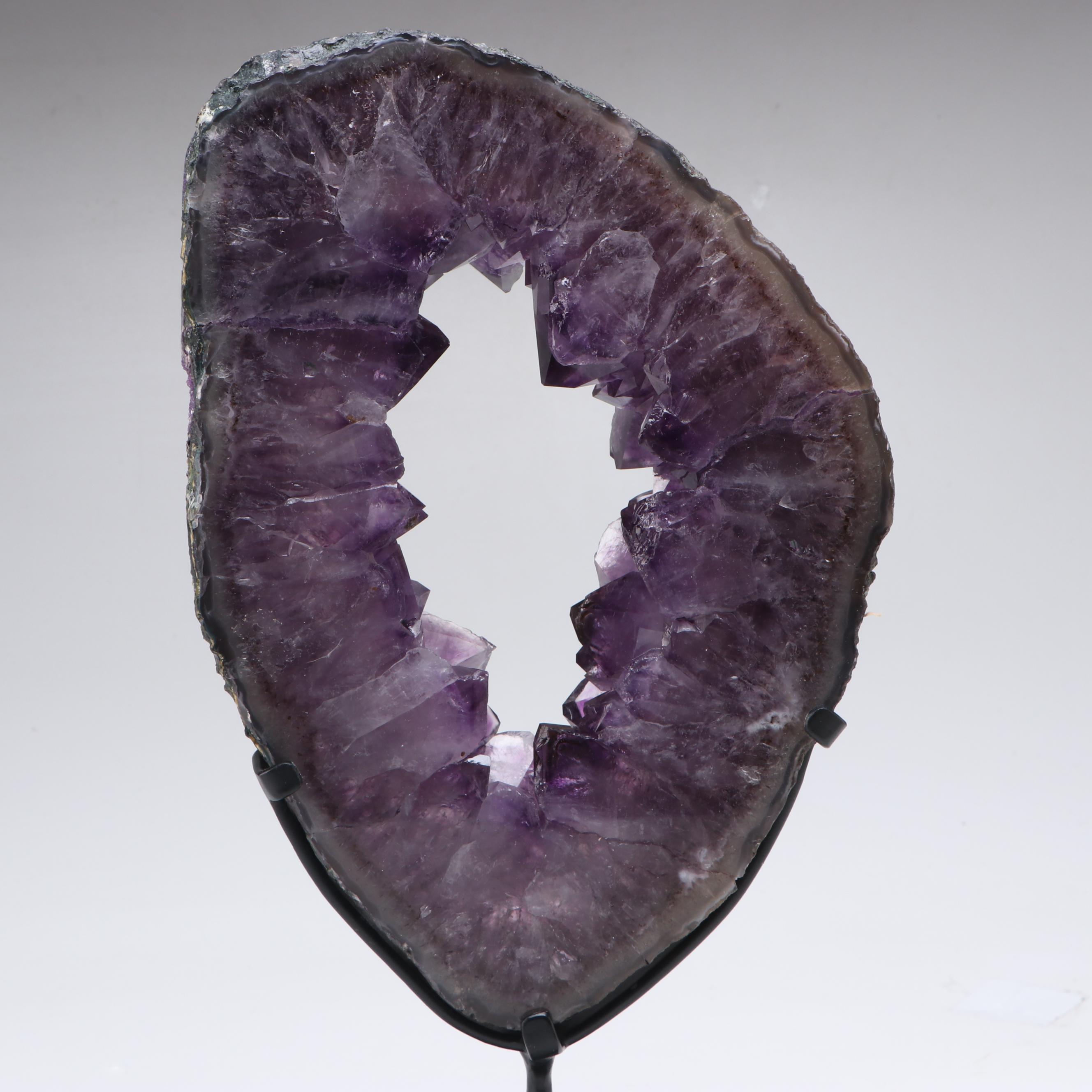 Polished Amethyst Geode Slab on Custom Metal Stand
