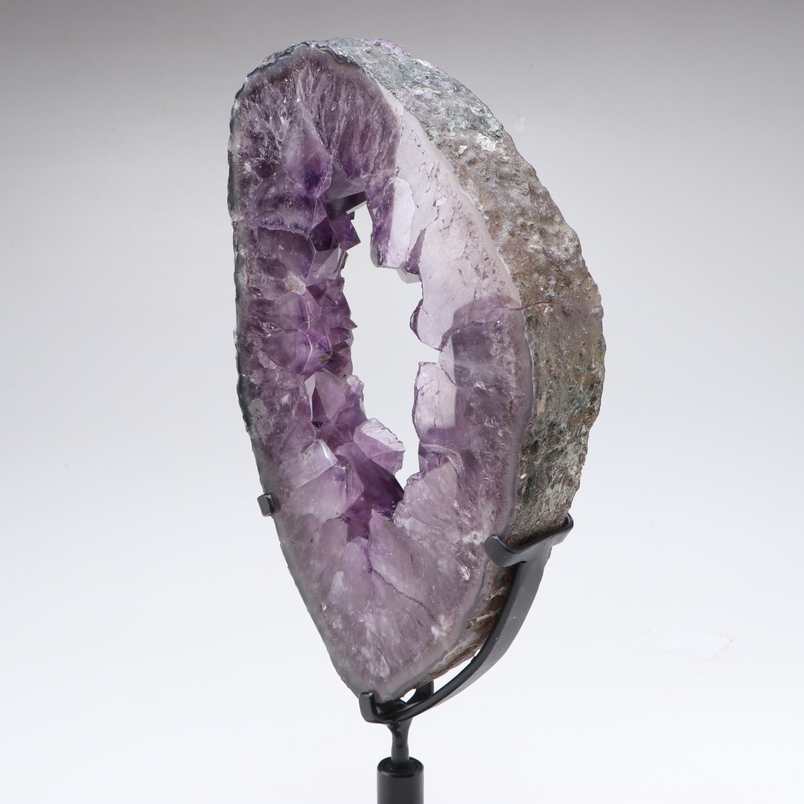 Polished Amethyst Geode Slab on Custom Metal Stand