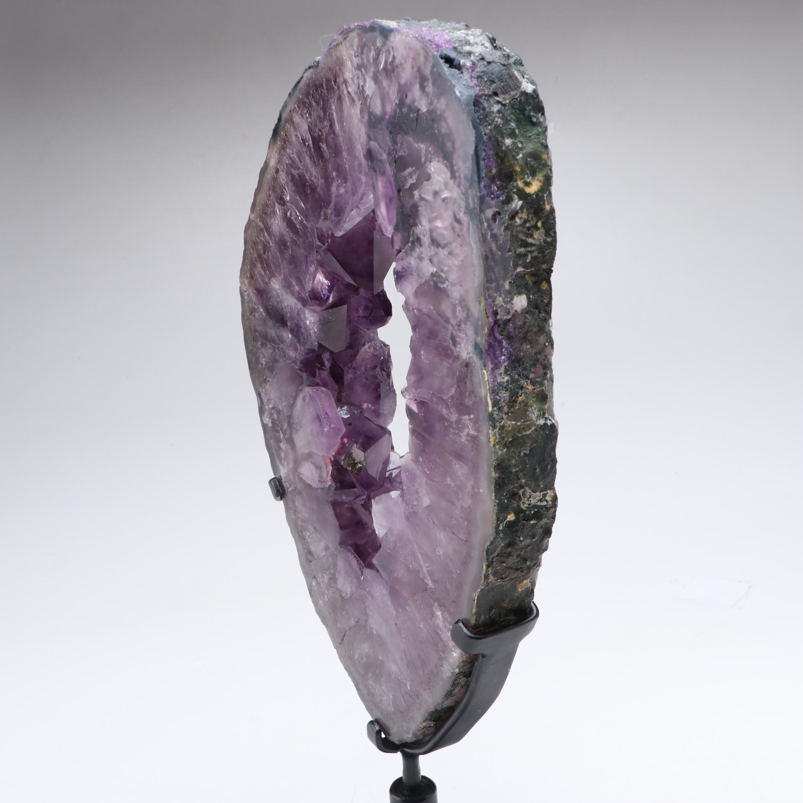 Polished Amethyst Geode Slab on Custom Metal Stand