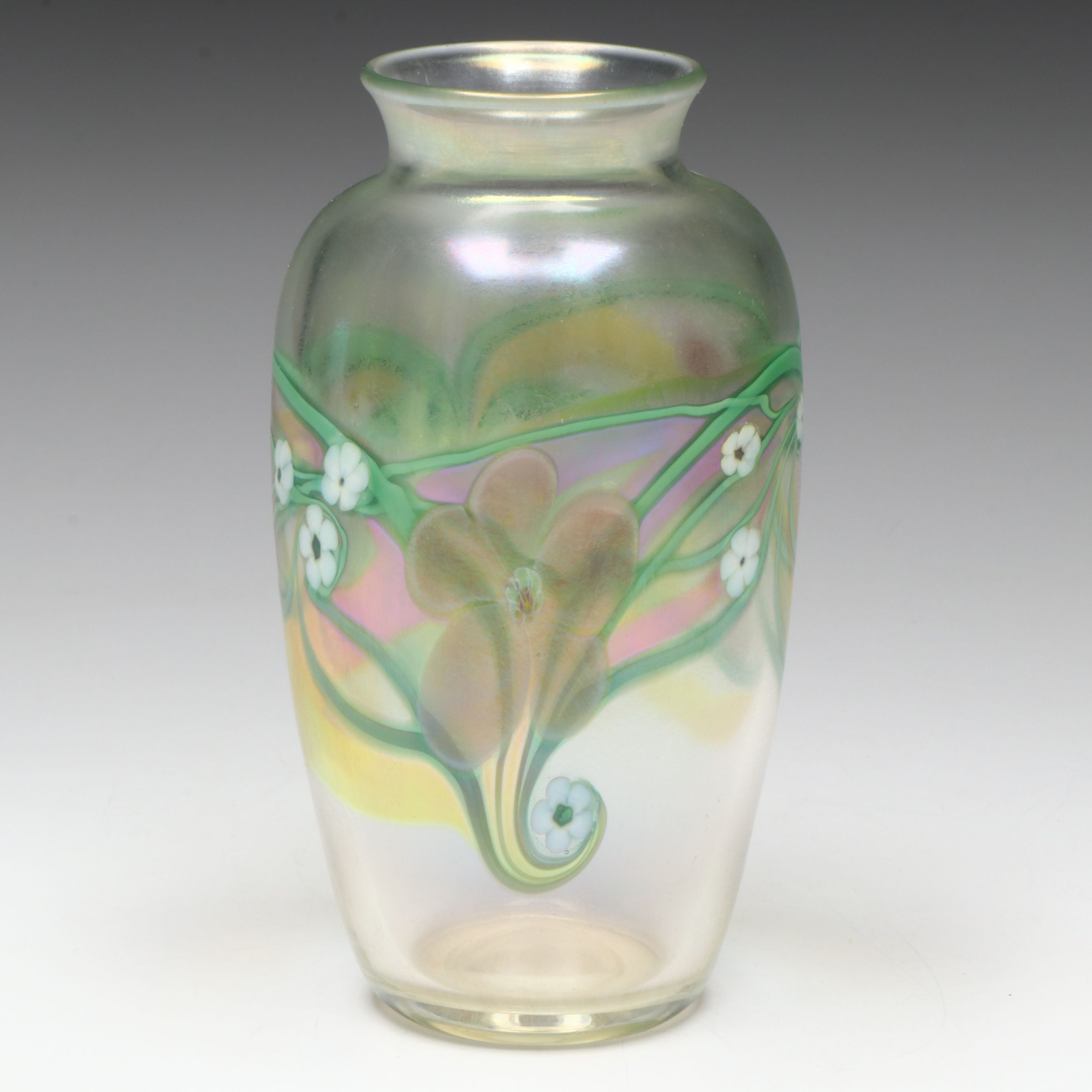 Orient & Flume Art Glass Iridescent Floral Pulled Feather Vase, 1985