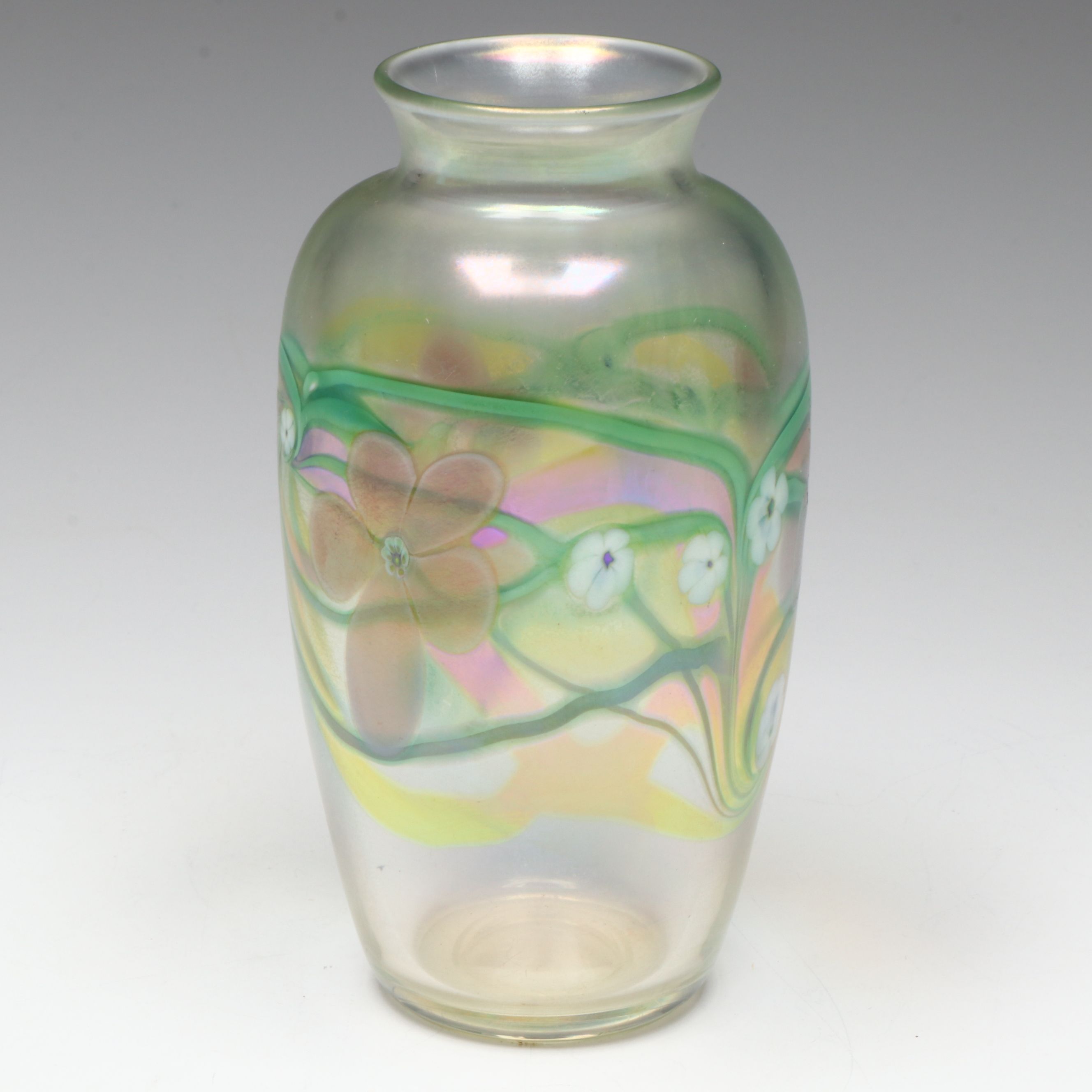 Orient & Flume Art Glass Iridescent Floral Pulled Feather Vase, 1985