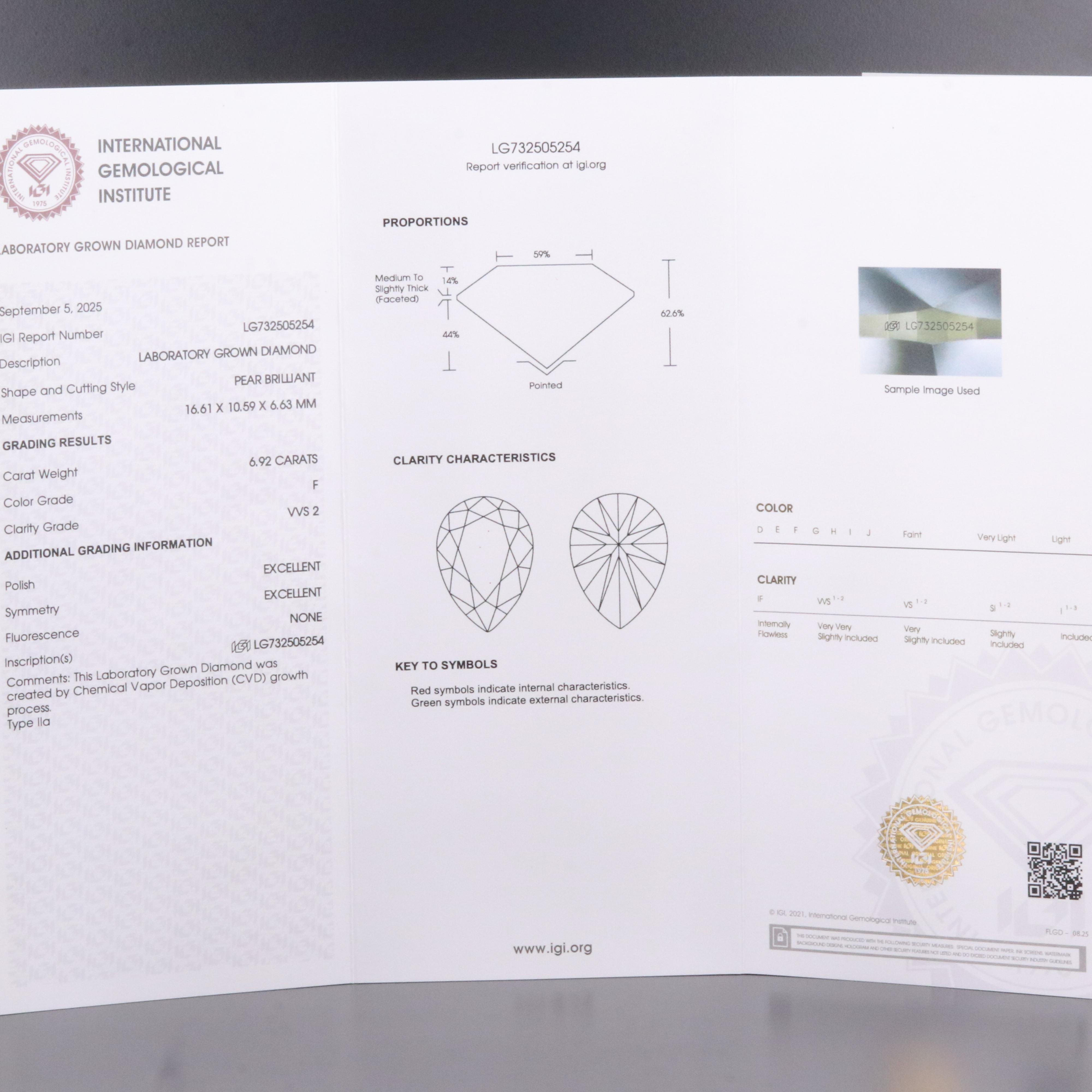 Loose 6.92 CT Lab Grown Diamond with IGI Report