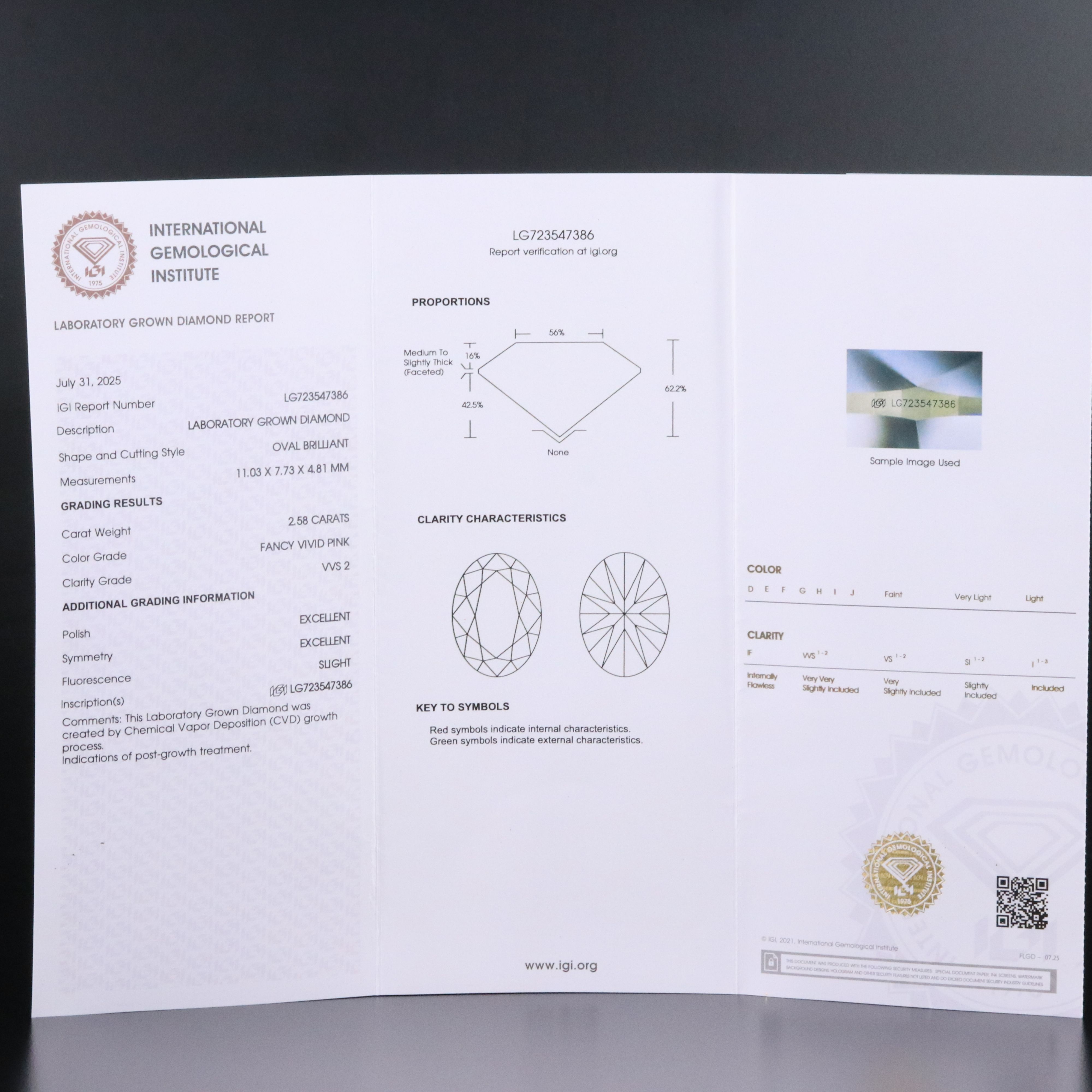 Loose 2.58 CT Lab Grown Fancy Pink Diamond with IGI Report