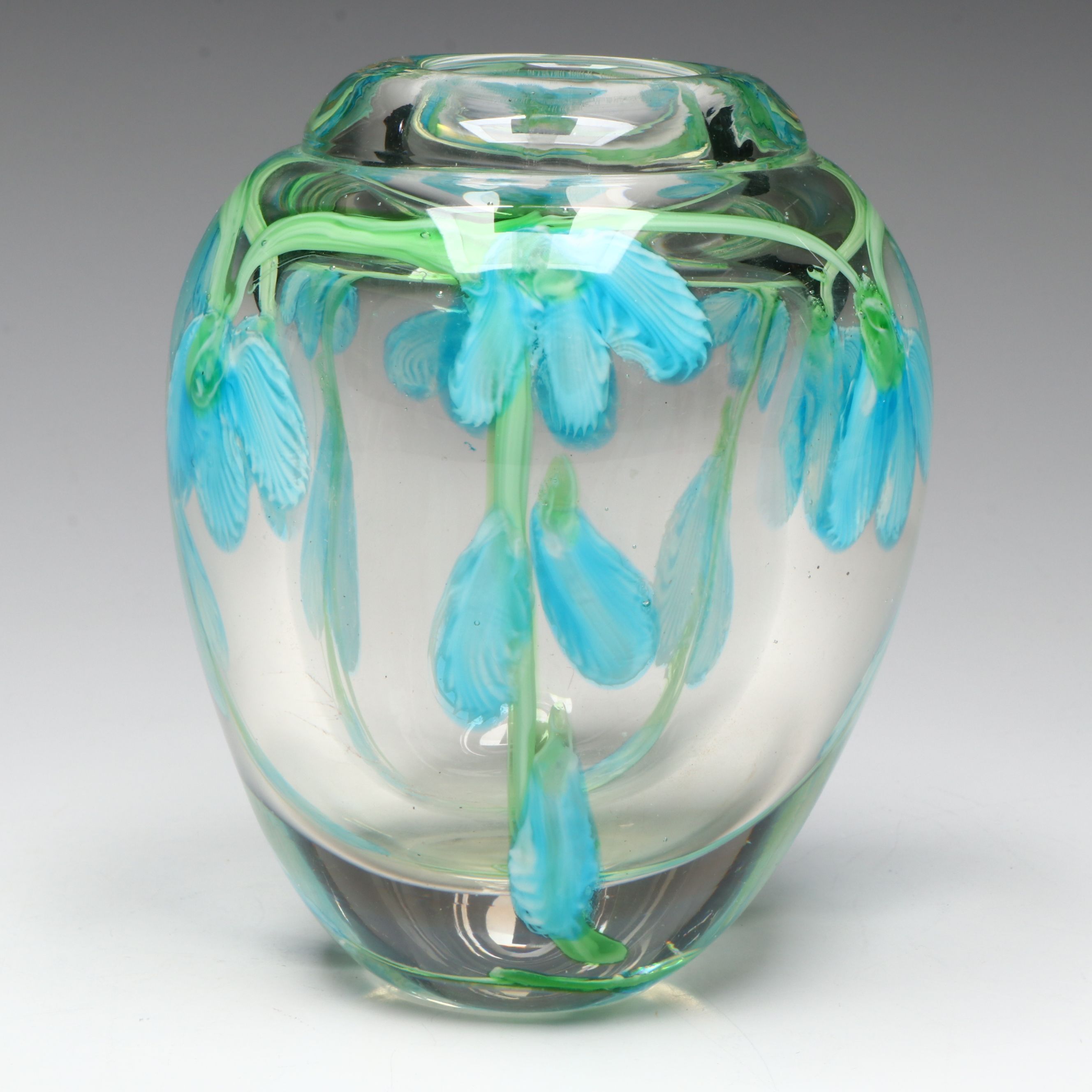 Blown Art Glass Vase with Blue Flowers, Late 20th Century