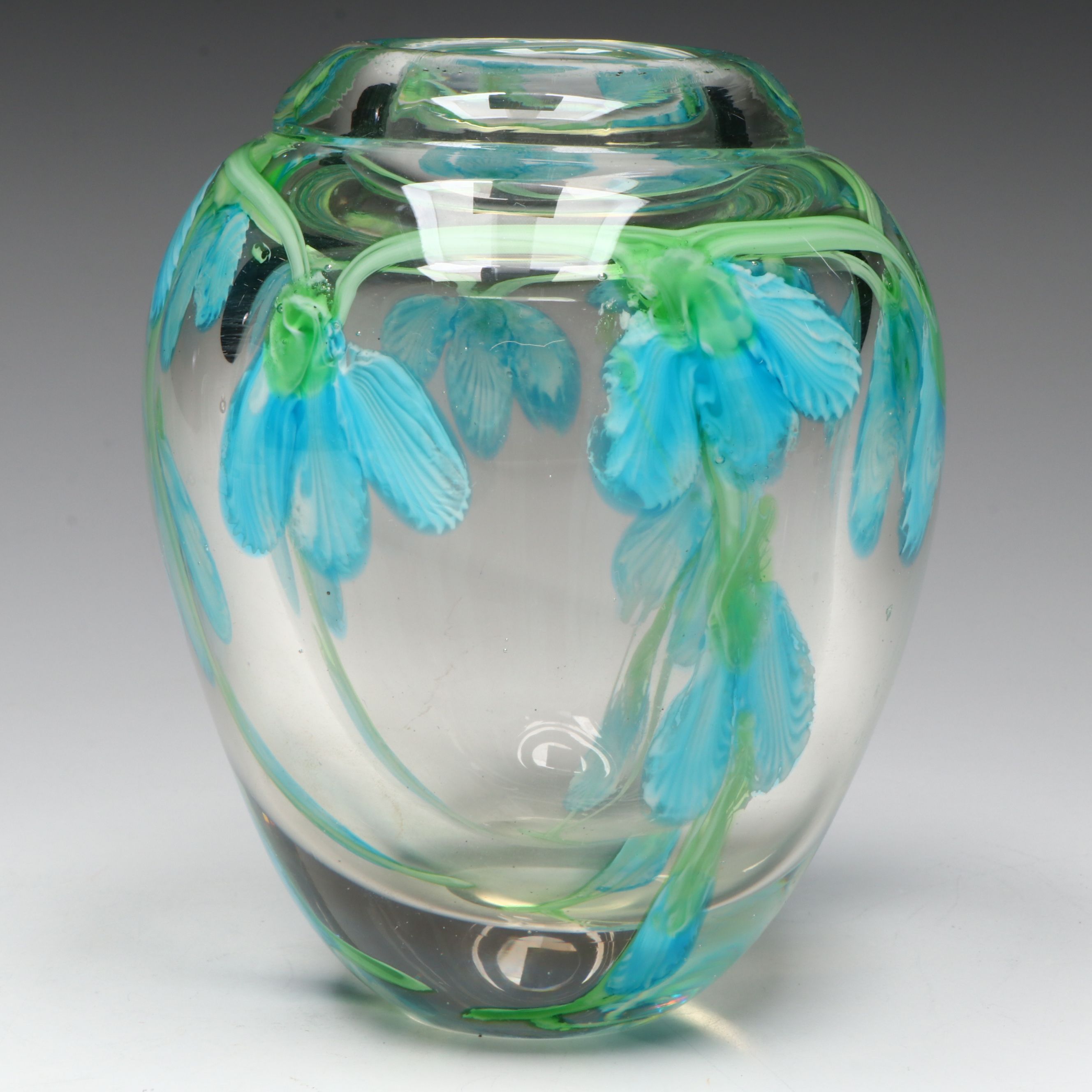 Blown Art Glass Vase with Blue Flowers, Late 20th Century
