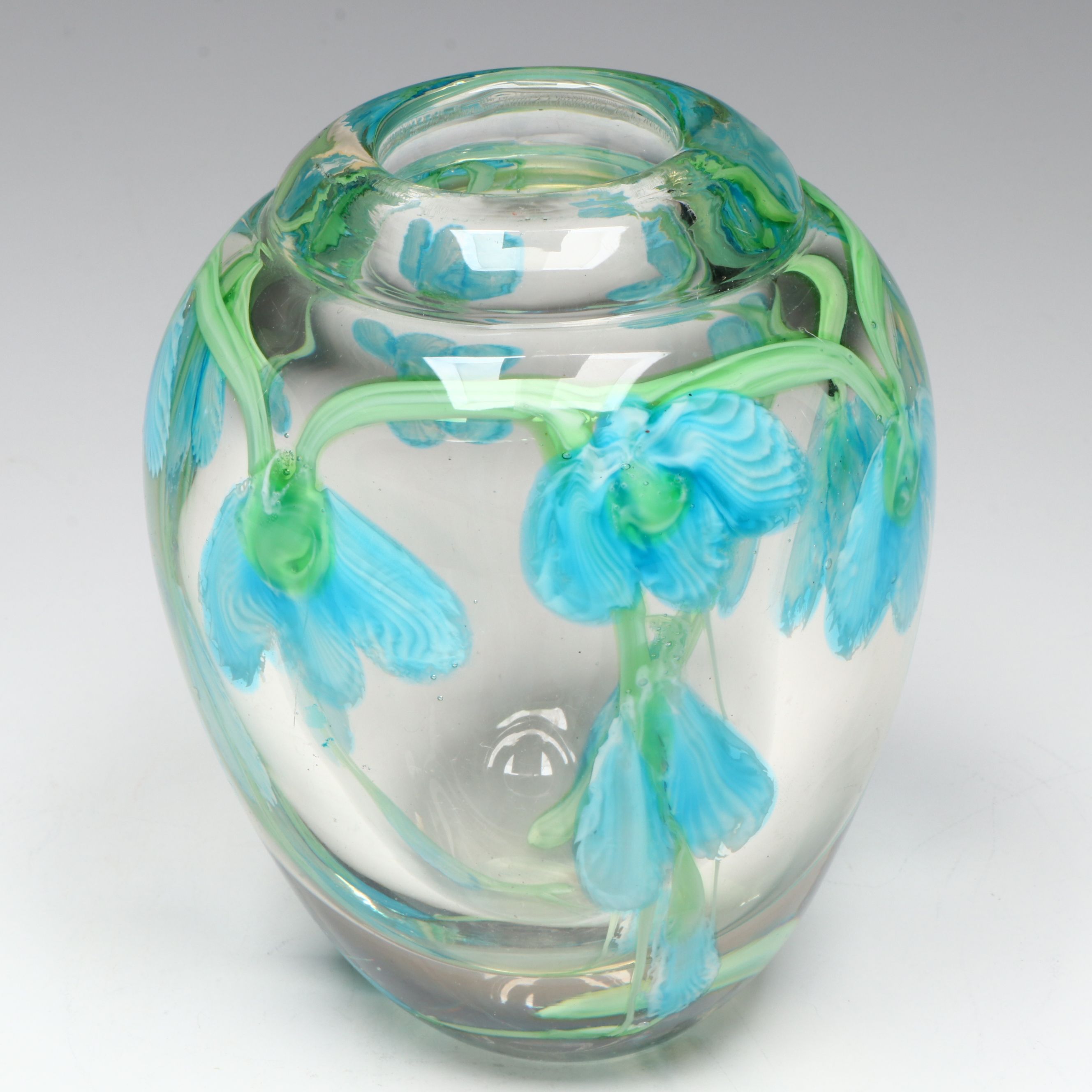 Blown Art Glass Vase with Blue Flowers, Late 20th Century