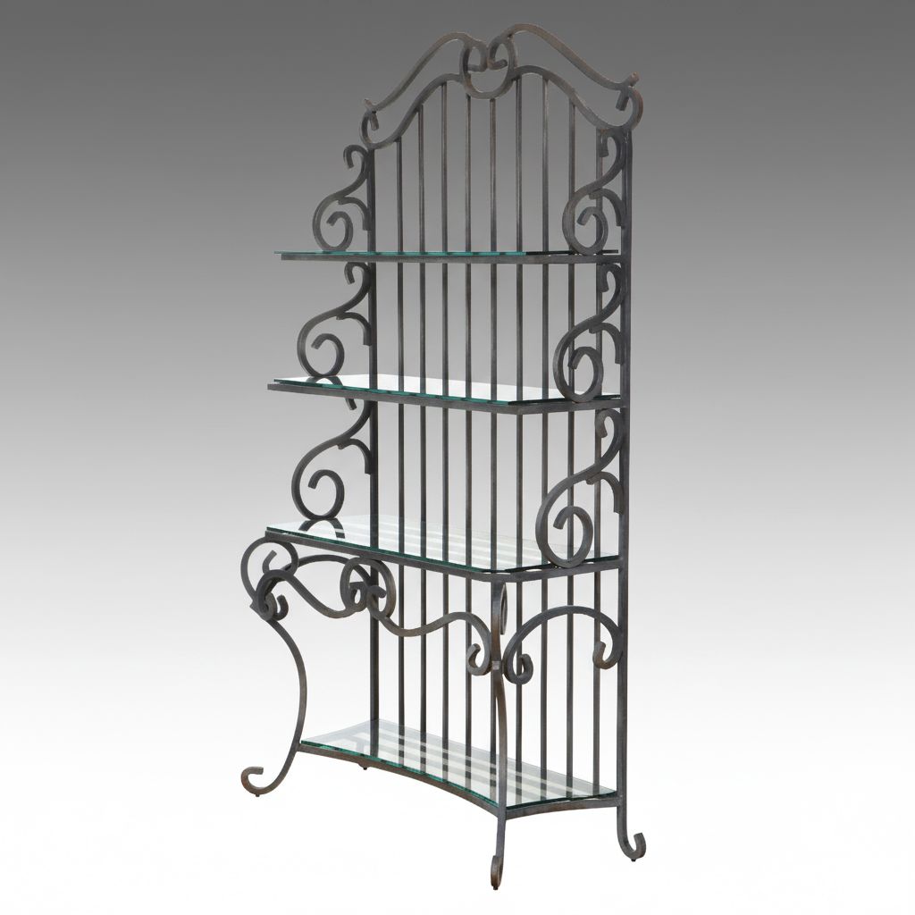 French Art Nouveau Style Wrought Iron Baker's Rack with Glass Shelves
