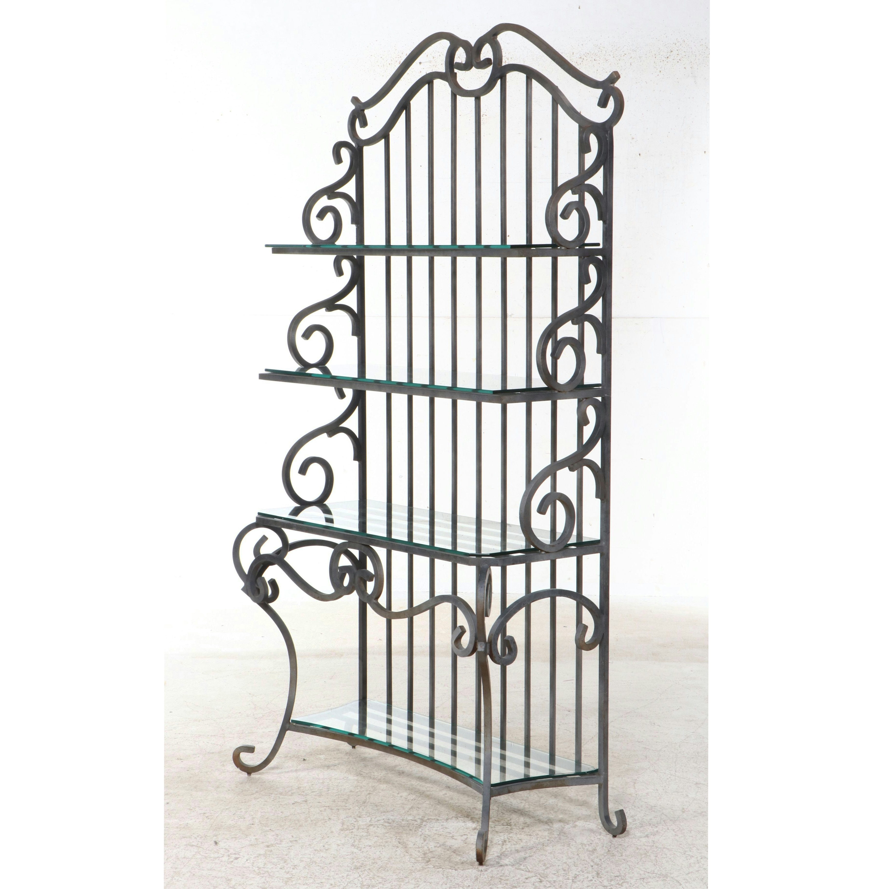 French Art Nouveau Style Wrought Iron Baker's Rack with Glass Shelves
