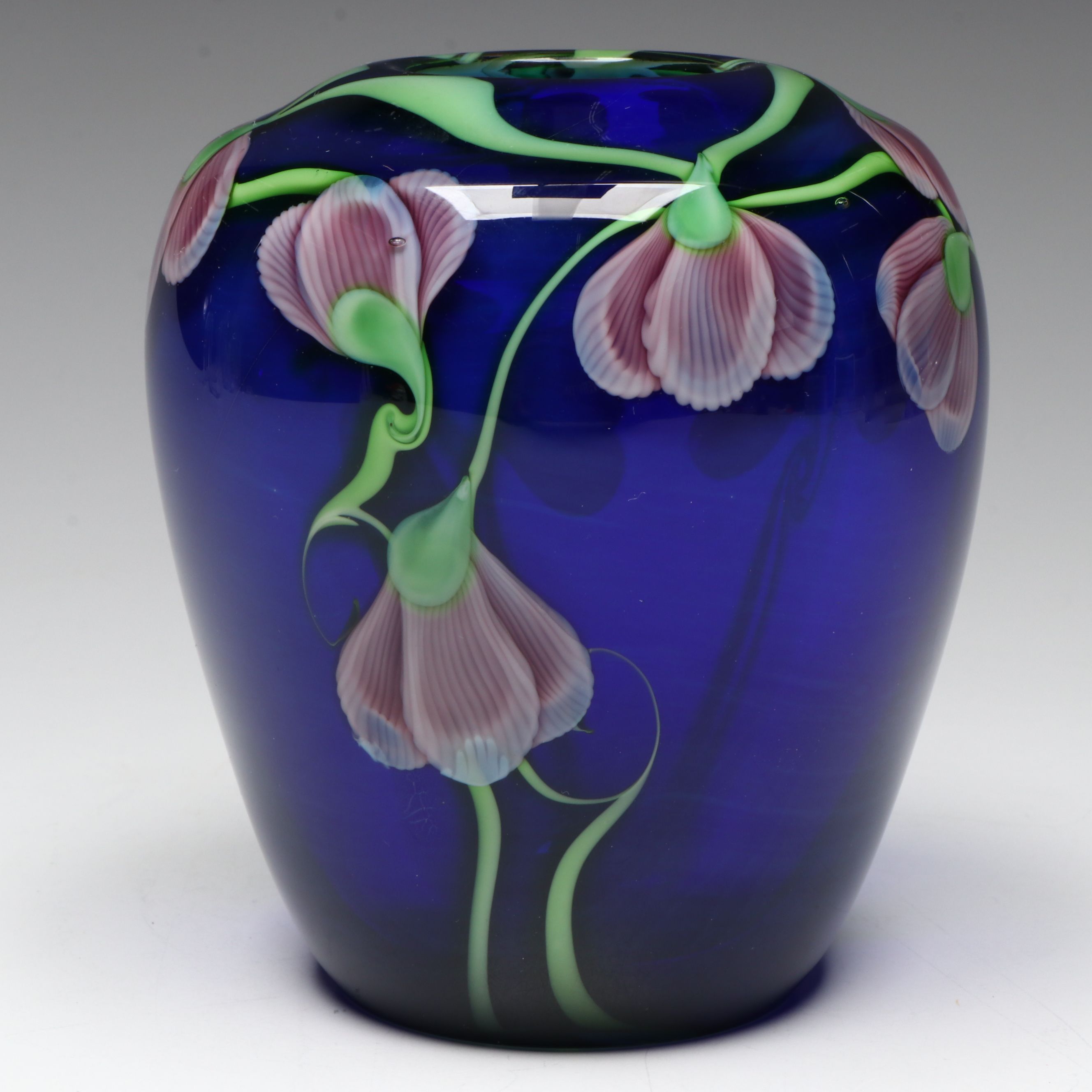 Held and Sillars for Orient & Flume Floral Cobalt Art Glass Vase, 1983