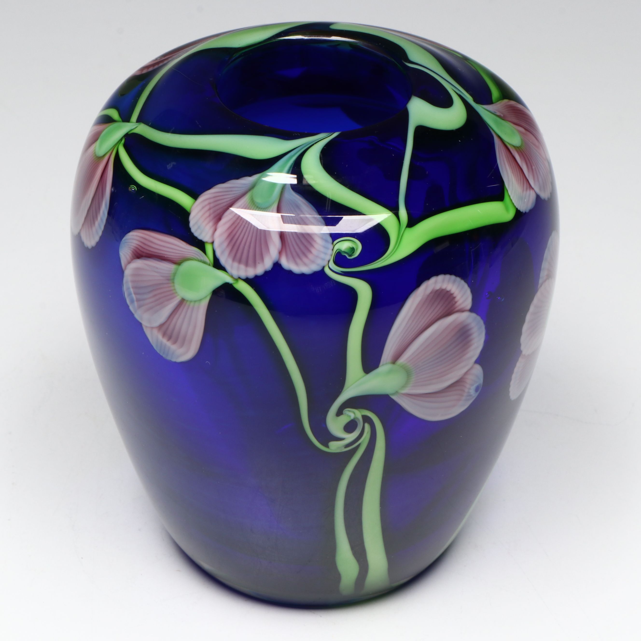 Held and Sillars for Orient & Flume Floral Cobalt Art Glass Vase, 1983