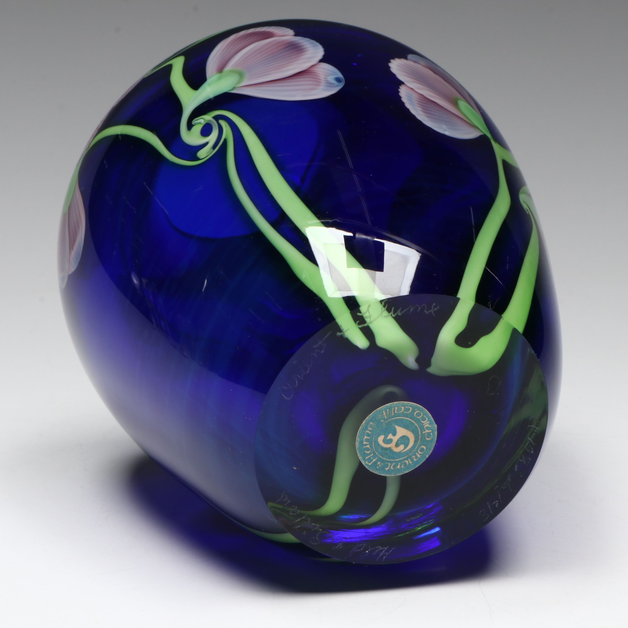 Held and Sillars for Orient & Flume Floral Cobalt Art Glass Vase, 1983
