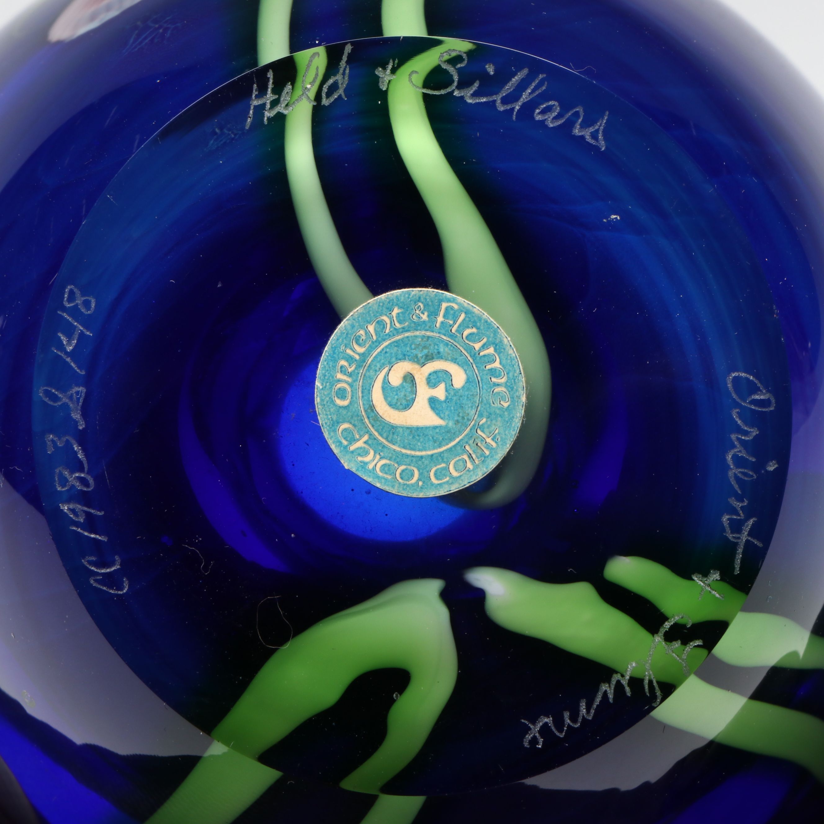 Held and Sillars for Orient & Flume Floral Cobalt Art Glass Vase, 1983