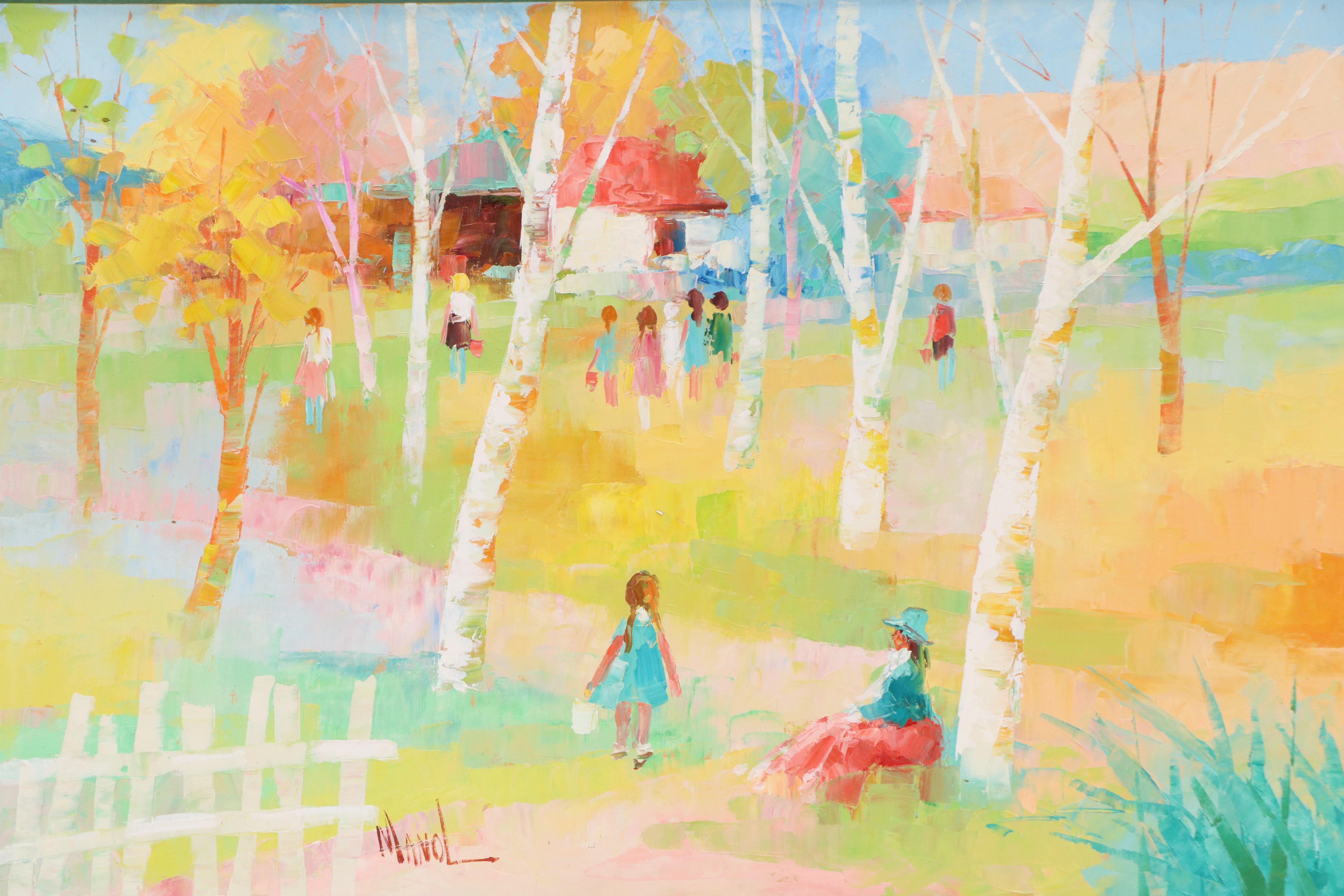 John Adamos Manol Oil Painting of Homestead in Wooded Landscape with Figures