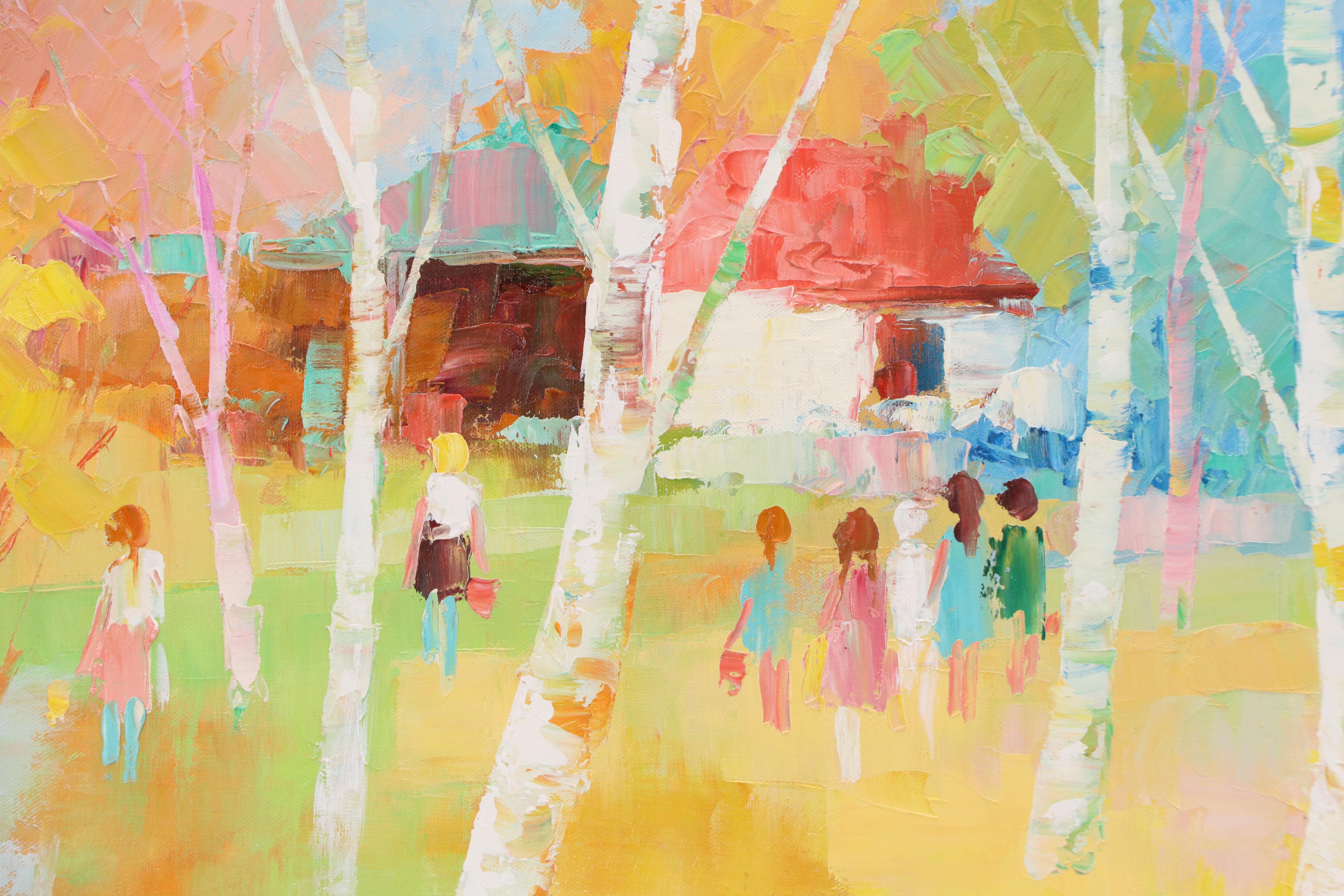 John Adamos Manol Oil Painting of Homestead in Wooded Landscape with Figures