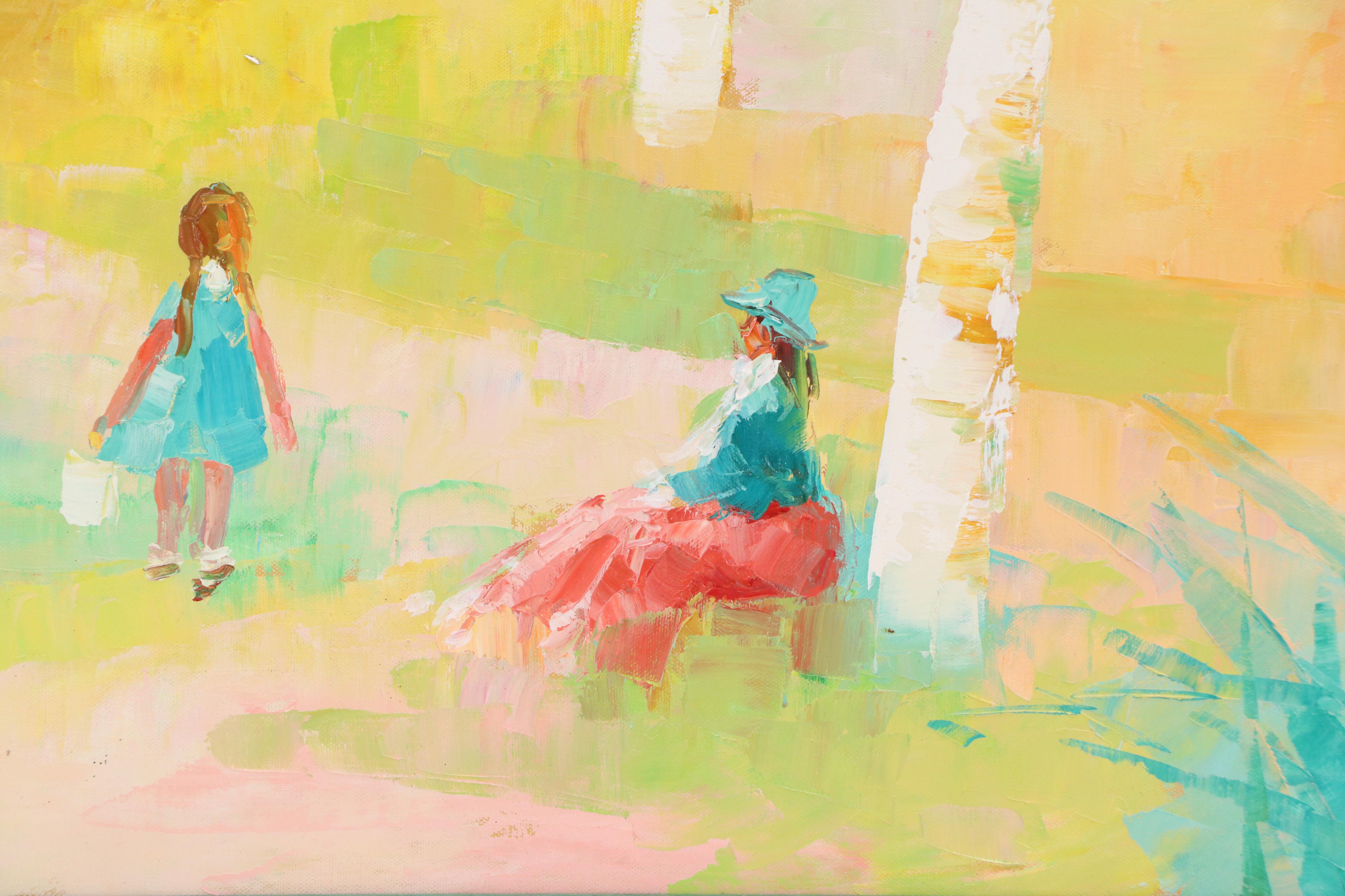 John Adamos Manol Oil Painting of Homestead in Wooded Landscape with Figures